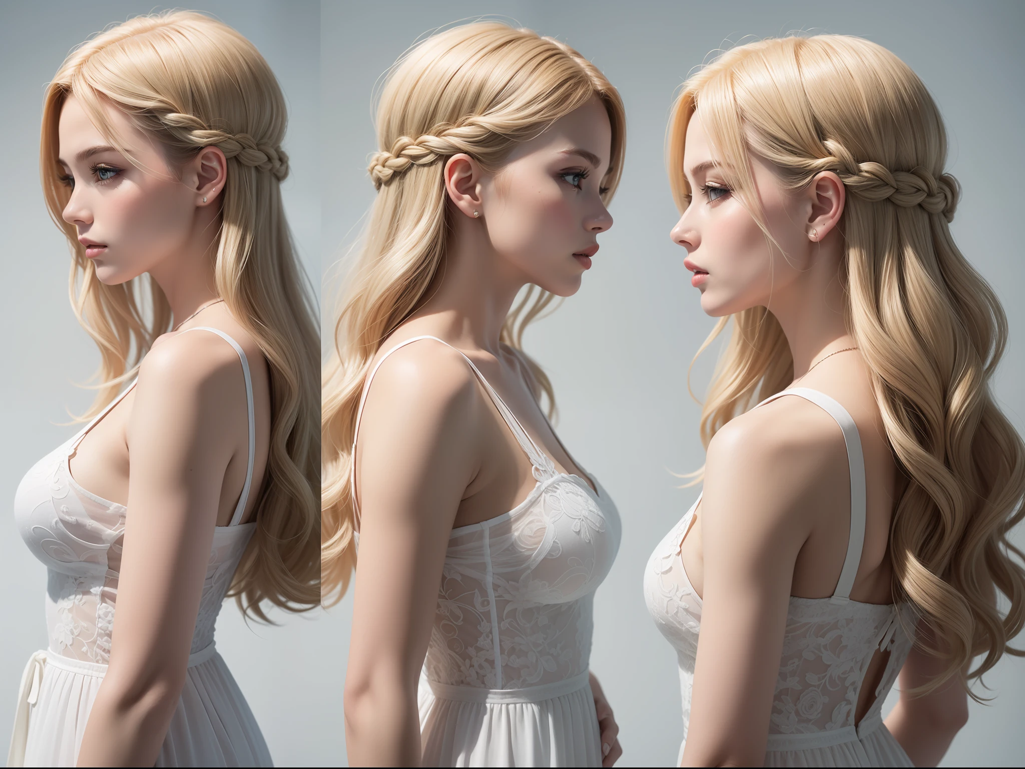 (masterpiece), ultra-detailed, 3 views, front view, side view , back view, different hair design, ultra detailed to each 3 views, full body, character detailed, or reference sketch of a Goddess, Greek mythology goddess, Aphrodite goddess, seductive face, glowing skin, with pink seductive Greek traditional dress, very long hair, wavy hair, blonde hair, ultra-realistic and sharp detail and intricate, intricate details, and style, simple background illustration