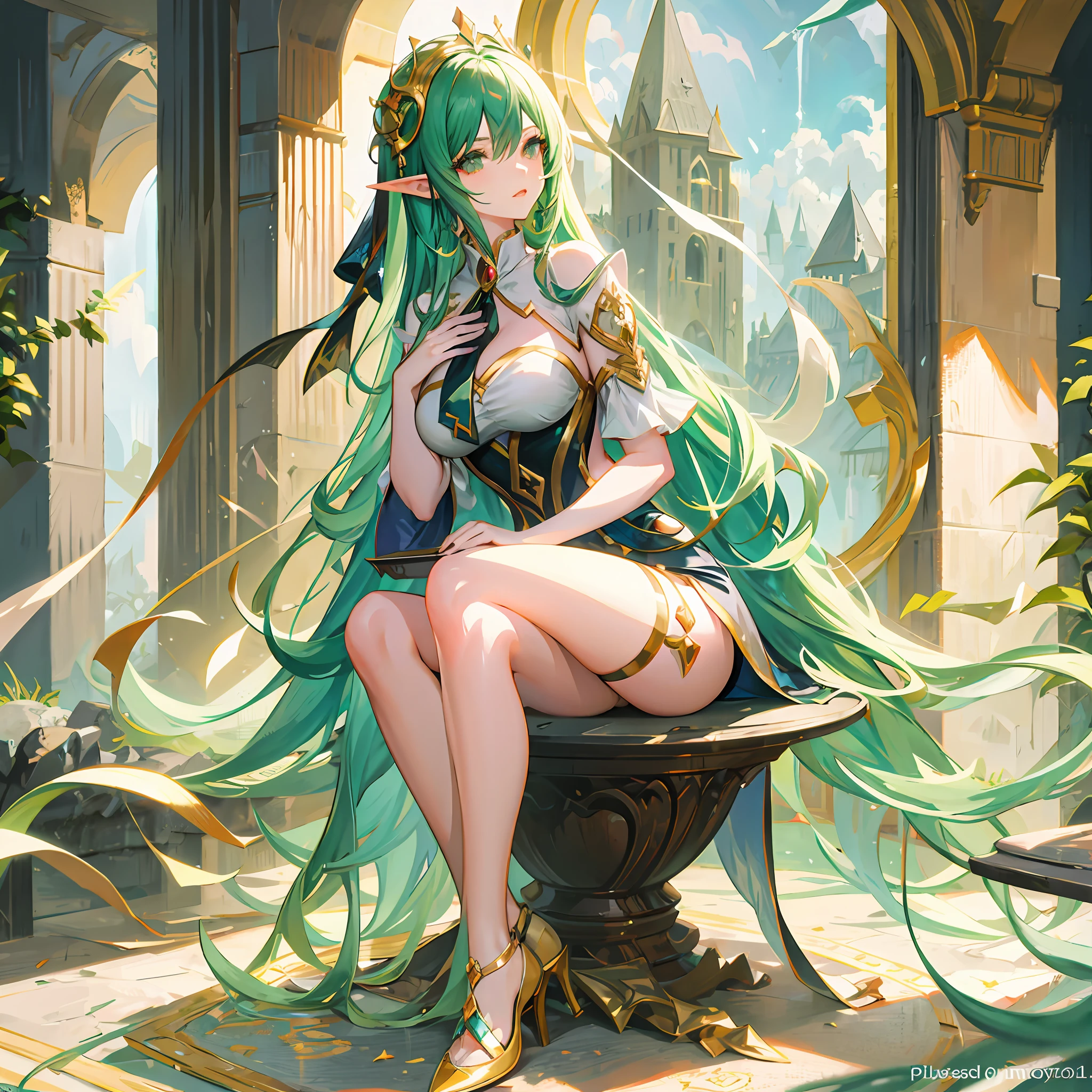 Anime girl with green hair sitting on round table, ((a beautiful fantasy empress)), a beautiful fantasy empress, Anime goddess, Fantasy art style, Anime fantasy illustration, trending on artstation pixiv, beautiful and elegant elf queen, Detailed digital anime art, beautiful female gorgon, Beautiful goddess, Anime fantasy artwork, portrait of a beautiful goddess