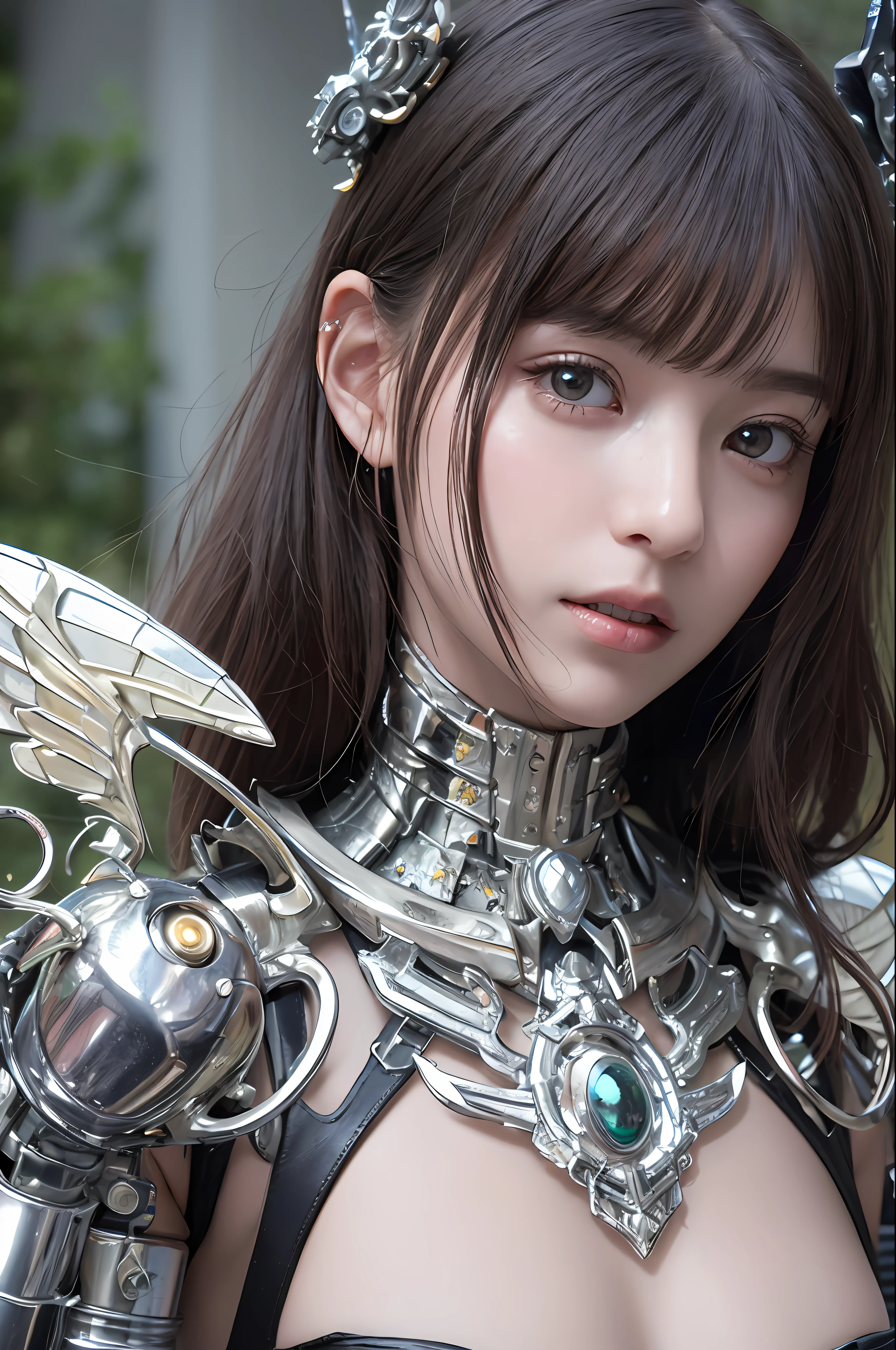 top-quality、​masterpiece、超A high resolution、(Photorealsitic:1.4)、Raw photo、Mechanical Angel、large wings made of metal、White Latex Body、女の子1人、Black hair、glowy skin、1 Mechanical Girl、((super realistic details))、portlate、globalillumination、Shadow、octan render、8K、ultrasharp、character edge light,Colossal tits、Raw skin is exposed in cleavage、Details of complex ornaments、Hydraulic cylinder、highly intricate detail、Realistic light、a purple eye、radiant eyes、Facing the camera、neon details、Mechanical limbs、blood vessels connected to tubes、Mechanical vertebrae attached to the back、mechanical cervical attaching to neck、cowboy  shot、Futuristic headgear、Sumerian details、Small LED lamp、