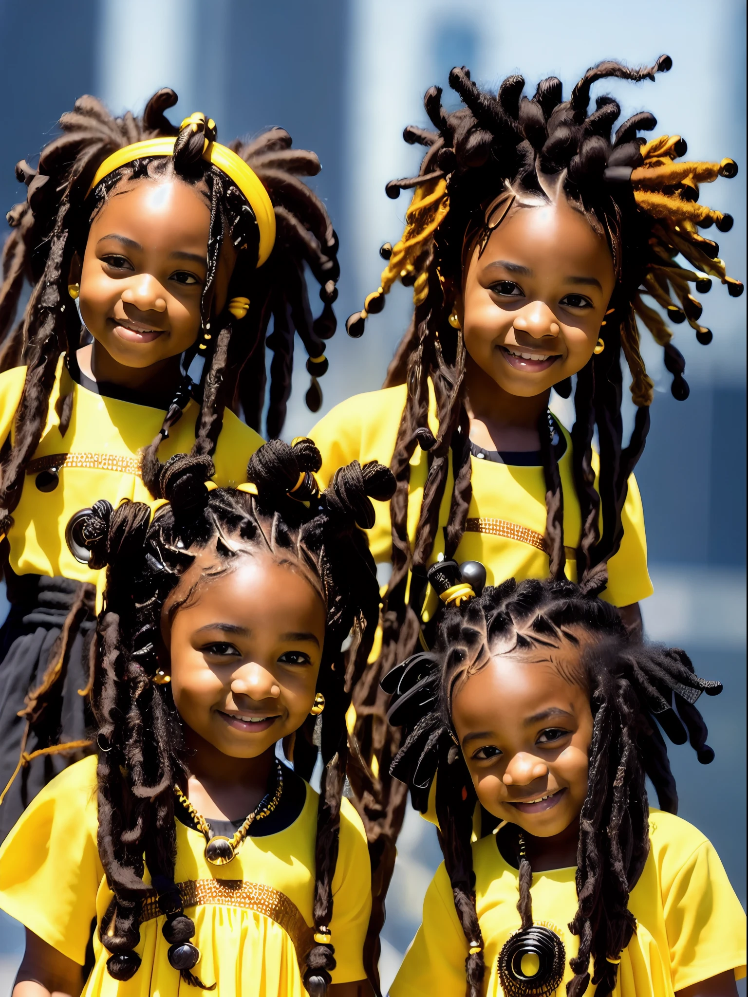 (dreads_hairstyle:1.3), dazzling detailed brilliant complex depiction of Black toddlers rocking protective hairstyles for a photo, wearing elegant, yellow dress, good hand,4k, high-res, masterpiece, best quality, head:1.3,((Hasselblad photography)), finely detailed skin, sharp focus, (cinematic lighting), night, soft lighting, dynamic angle, [:(detailed face:1.2):0.2],(((futuristic city))),