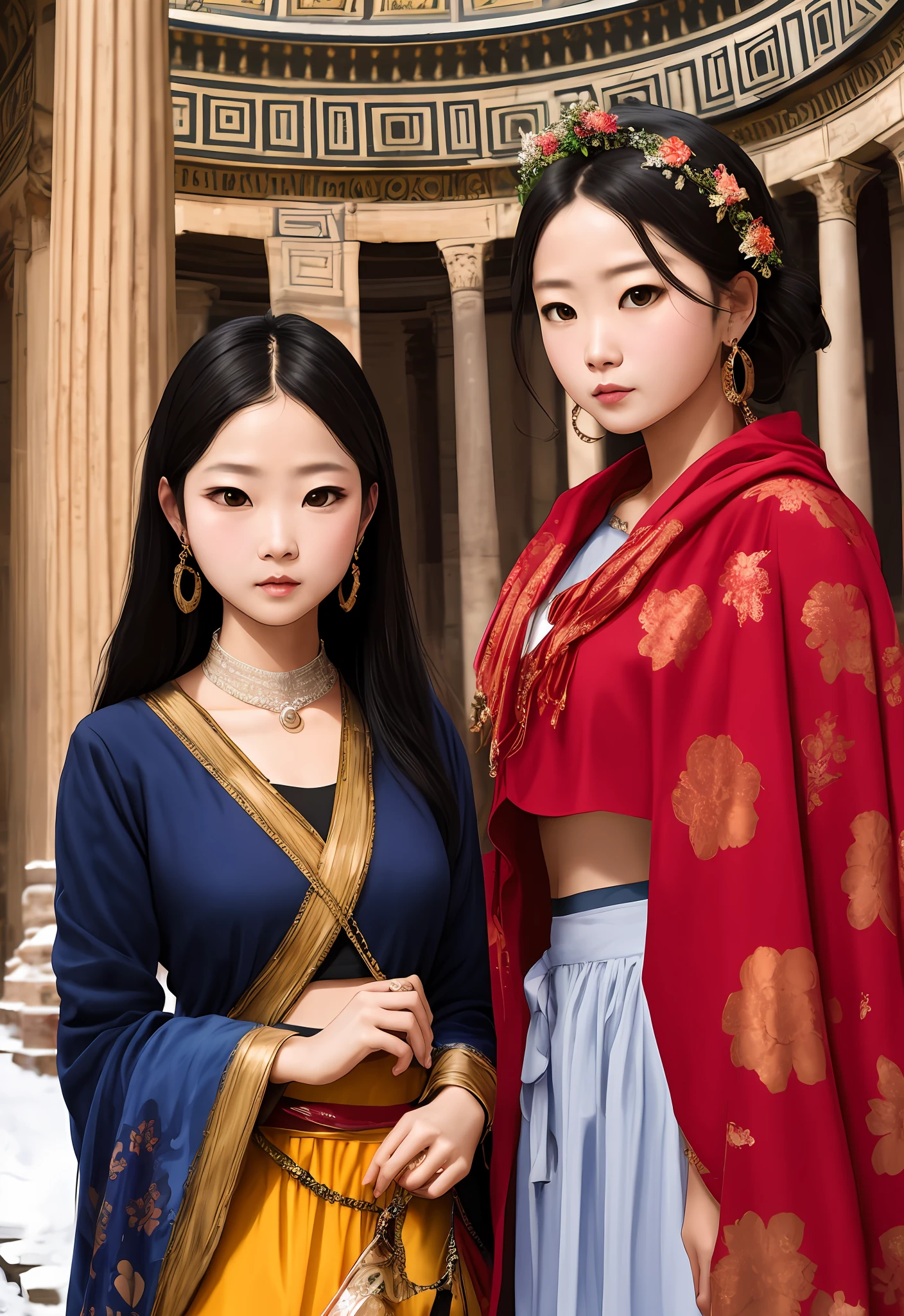 (Positive focus),2girls,duo,navel,(At the Pantheon in Rome,crowd,winter,Snowy),Surrealistic Female Portraits by David Hockney and Alphonse Mucha,Fantasy art,photograph realistic, Dynamic lighting,art stations,poster for,Volumetriclighting,Very detailed faces,4K,Award-Awarded,Fantastic costumes,Deep shadows,low tune,cowboy lens, (official outfit:1.4), looking at the camera in, Half-body shot,((Realistic face))),