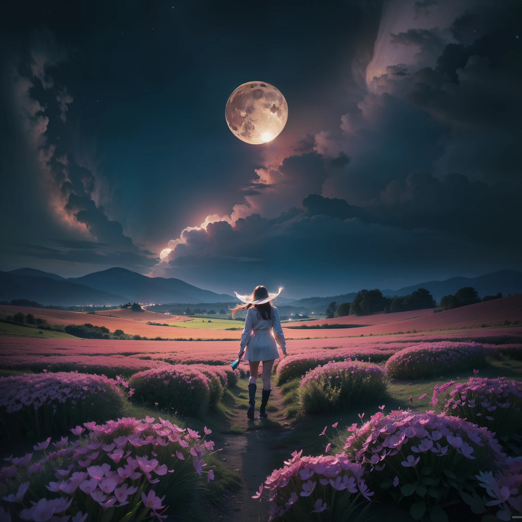 expansive landscape photograph , (a view from below that shows sky above and open field below), a girl standing on flower field looking up, (full moon:1.2), ( shooting stars:0.9), (nebula:1.3), distant mountain, tree BREAK production art, (warm light source:1.2), (Firefly:1.2), lamp, lot of purple and orange, intricate details, volumetric lighting BREAK (masterpiece:1.2), (best quality), 4k, ultra-detailed, (dynamic composition:1.4), highly detailed, colorful details,( iridescent colors:1.2), (glowing lighting, atmospheric lighting), dreamy, magical, (solo:1.2)