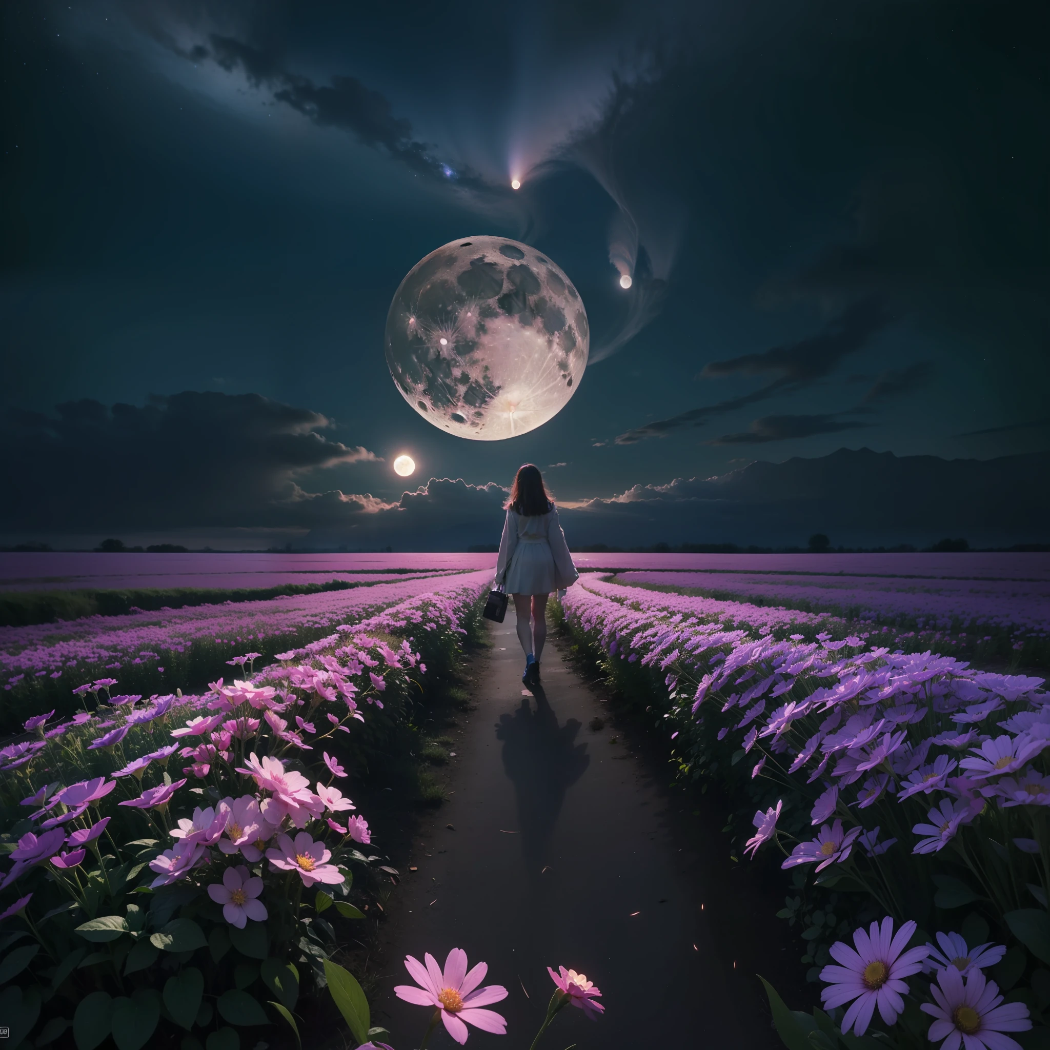 expansive landscape photograph , (a view from below that shows sky above and open field below), a girl standing on flower field looking up, (full moon:1.2), ( shooting stars:0.9), (nebula:1.3), distant mountain, tree BREAK production art, (warm light source:1.2), (Firefly:1.2), lamp, lot of purple and orange, intricate details, volumetric lighting BREAK (masterpiece:1.2), (best quality), 4k, ultra-detailed, (dynamic composition:1.4), highly detailed, colorful details,( iridescent colors:1.2), (glowing lighting, atmospheric lighting), dreamy, magical, (solo:1.2)