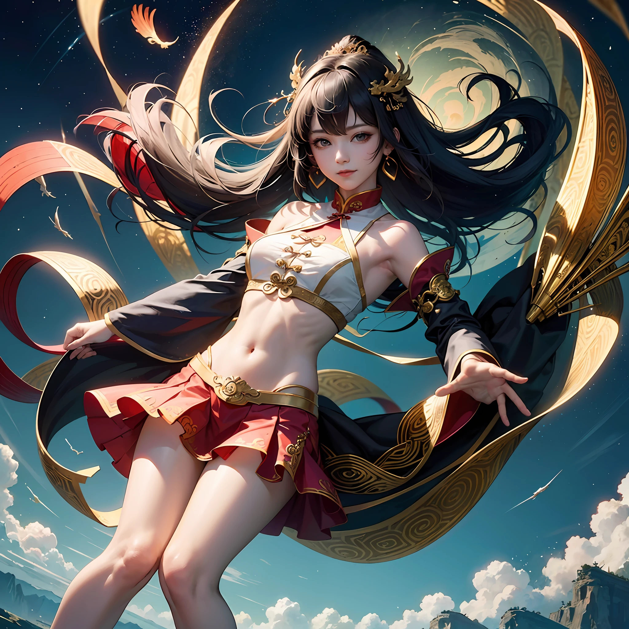 Official Art, Unified 8K Wallpapers, Ultra Detailed, Beautiful and Aesthetic, Masterpiece, Best Quality, (Zentangle, Tangle, Entangle), (fractal art: 1.4), 1girl, black hair, Chinese, bare shoulders, short skirt, calf, navel, very detailed, dynamic angle, cowboyshot, (most beautiful form chaos), flowing, (bright colors), oc, (half: 1.2), china, (thangka flying sky: 1.5), (ribbon: 1.3), (dream: 1.5), (hanfu: 1.5), Chinese dragon, Chinese phoenix, (smile: 0.5), (Chinese deity), --auto
