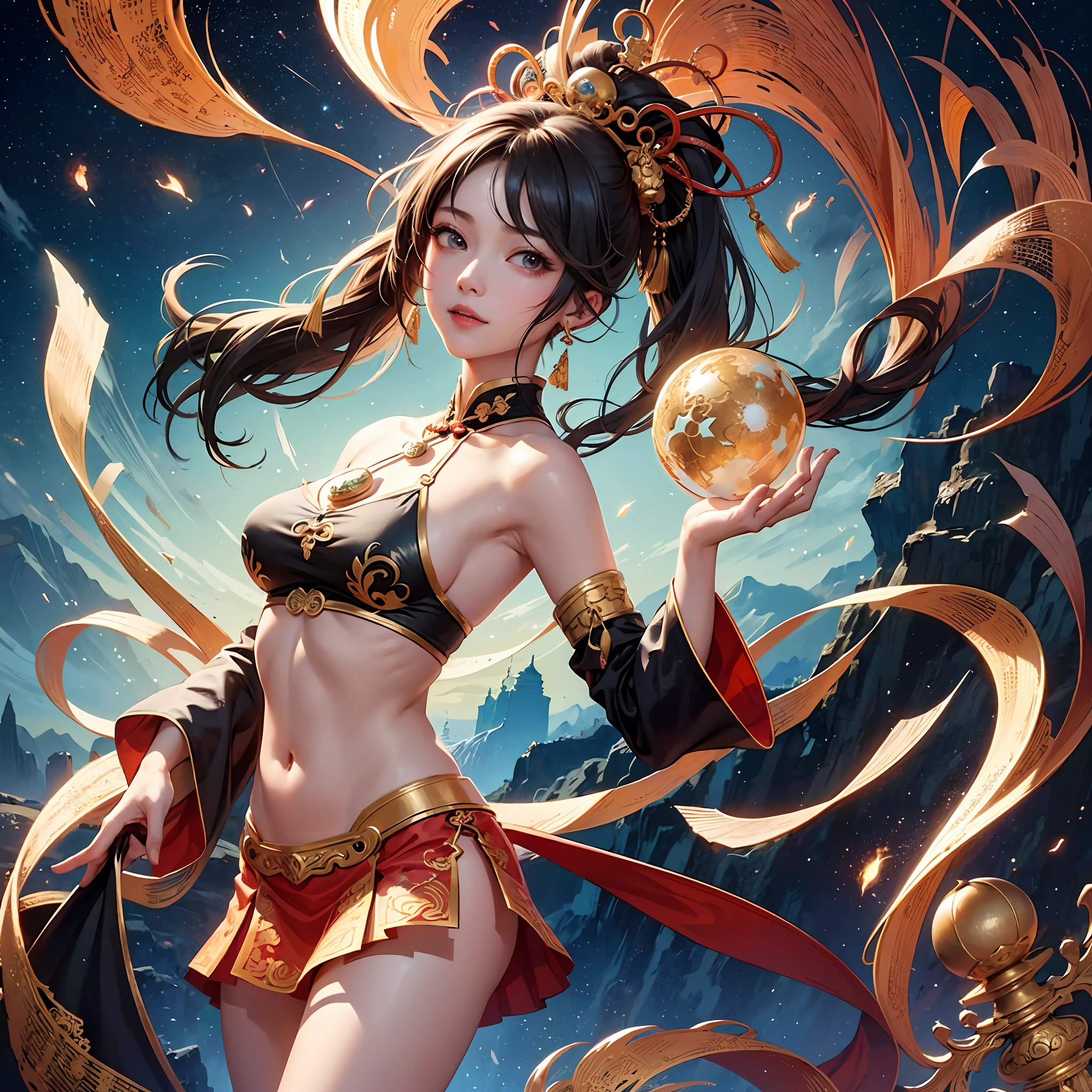 Official Art, Unified 8K Wallpapers, Ultra Detailed, Beautiful and Aesthetic, Masterpiece, Best Quality, (Zentangle, Tangle, Entangle), (fractal art: 1.4), 1girl, black hair, Chinese, bare shoulders, short skirt, calf, navel, very detailed, dynamic angle, cowboyshot, (most beautiful form chaos), flowing, (bright colors), oc, (half: 1.2), china, (thangka flying sky: 1.5), (ribbon: 1.3), (dream: 1.5), (hanfu: 1.5), Chinese dragon, Chinese phoenix, (smile: 0.5), (Chinese deity), --auto
