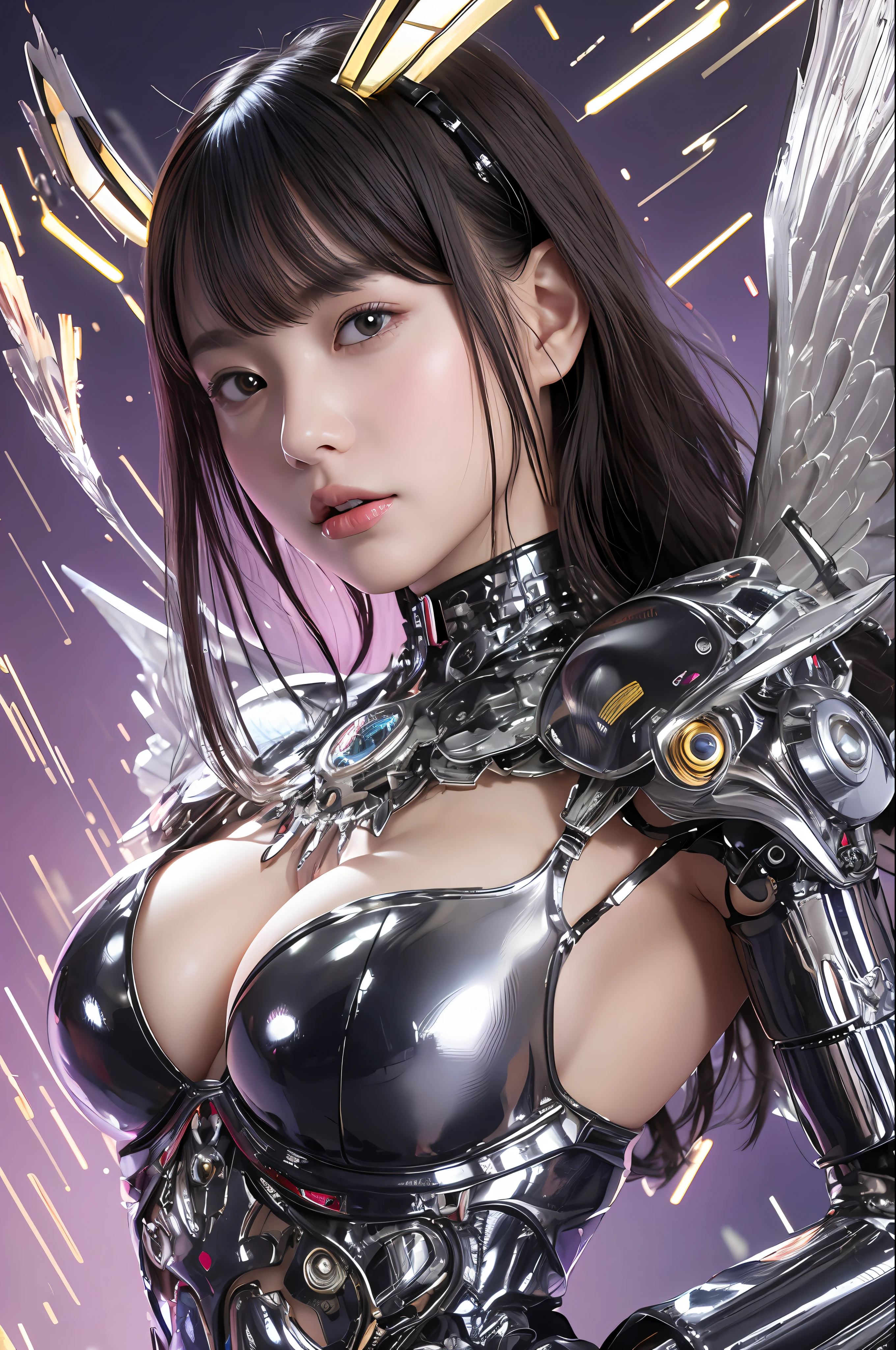 top-quality、​masterpiece、超A high resolution、(Photorealsitic:1.4)、Raw photo、Mechanical Angel、large wings made of metal、White Latex Body、女の子1人、Black hair、glowy skin、1 Mechanical Girl、((super realistic details))、portlate、globalillumination、Shadow、octan render、8K、ultrasharp、character edge light,Colossal tits、Raw skin is exposed in cleavage、Details of complex ornaments、Hydraulic cylinder、highly intricate detail、Realistic light、a purple eye、radiant eyes、Facing the camera、neon details、Mechanical limbs、blood vessels connected to tubes、Mechanical vertebrae attached to the back、mechanical cervical attaching to neck、cowboy  shot、Futuristic headgear、Sumerian details、Small LED lamp、