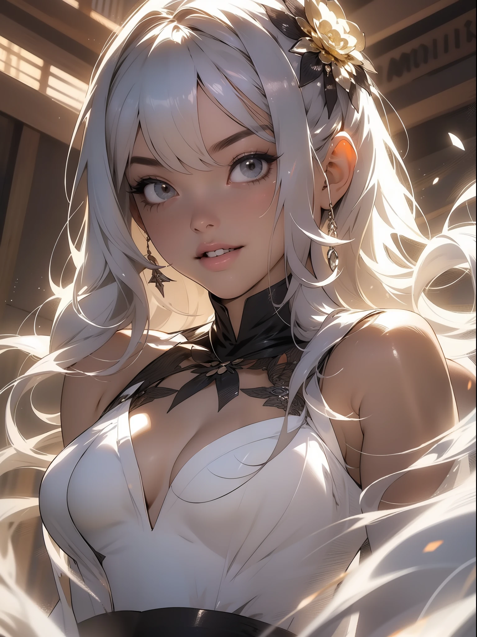 An illustration of a ghost girl in a sensual pose and with a micro skirt showing tiny floss, roupas totalmente brancas, pele branca e cabelos brancos, quase nua, Tiny floss, seios grandes, decote generoso, bunda grande, tudo transparente, light behind her, ghosty aura, sorriso malicioso, rosto lindo e limpo, corpo perfeito