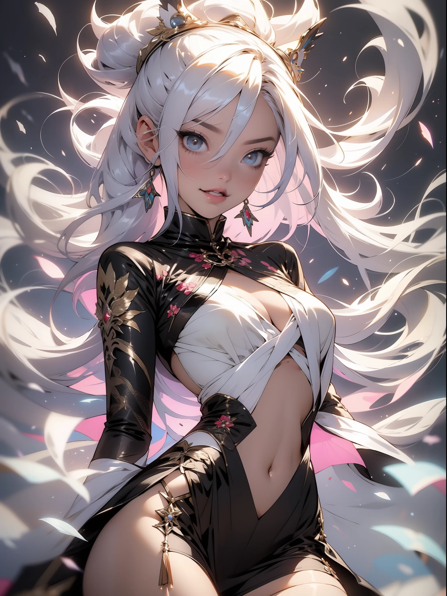 An illustration of a ghost girl in a sensual pose and with a micro skirt showing tiny floss, roupas totalmente brancas, pele branca e cabelos brancos, quase nua, Tiny floss, seios grandes, decote generoso, bunda grande, tudo transparente, light behind her, ghosty aura, sorriso malicioso, rosto lindo e limpo, corpo perfeito