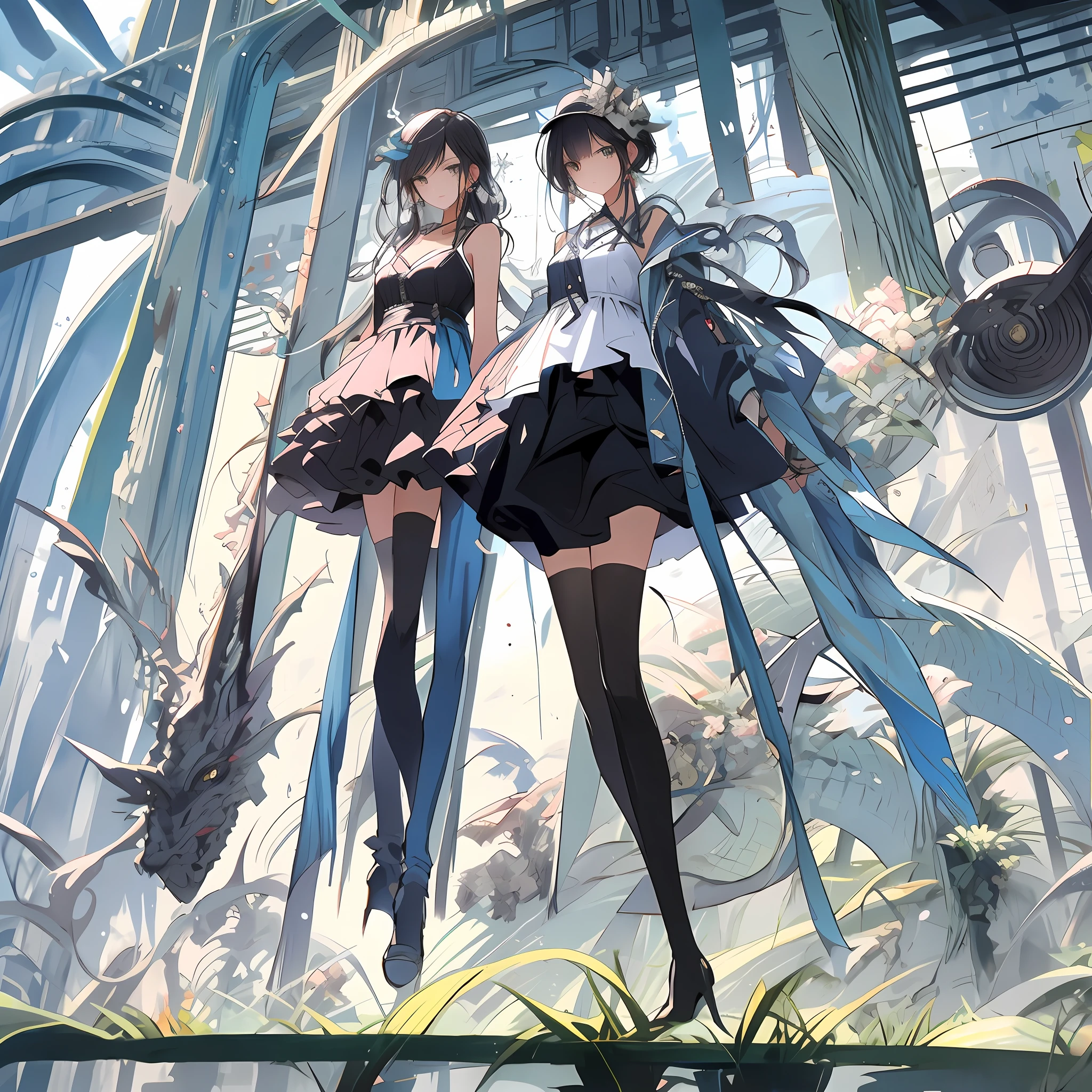 Multiple beauties，Stand in the square，Fine face，Stand in the square，Dress empty，Neat columns