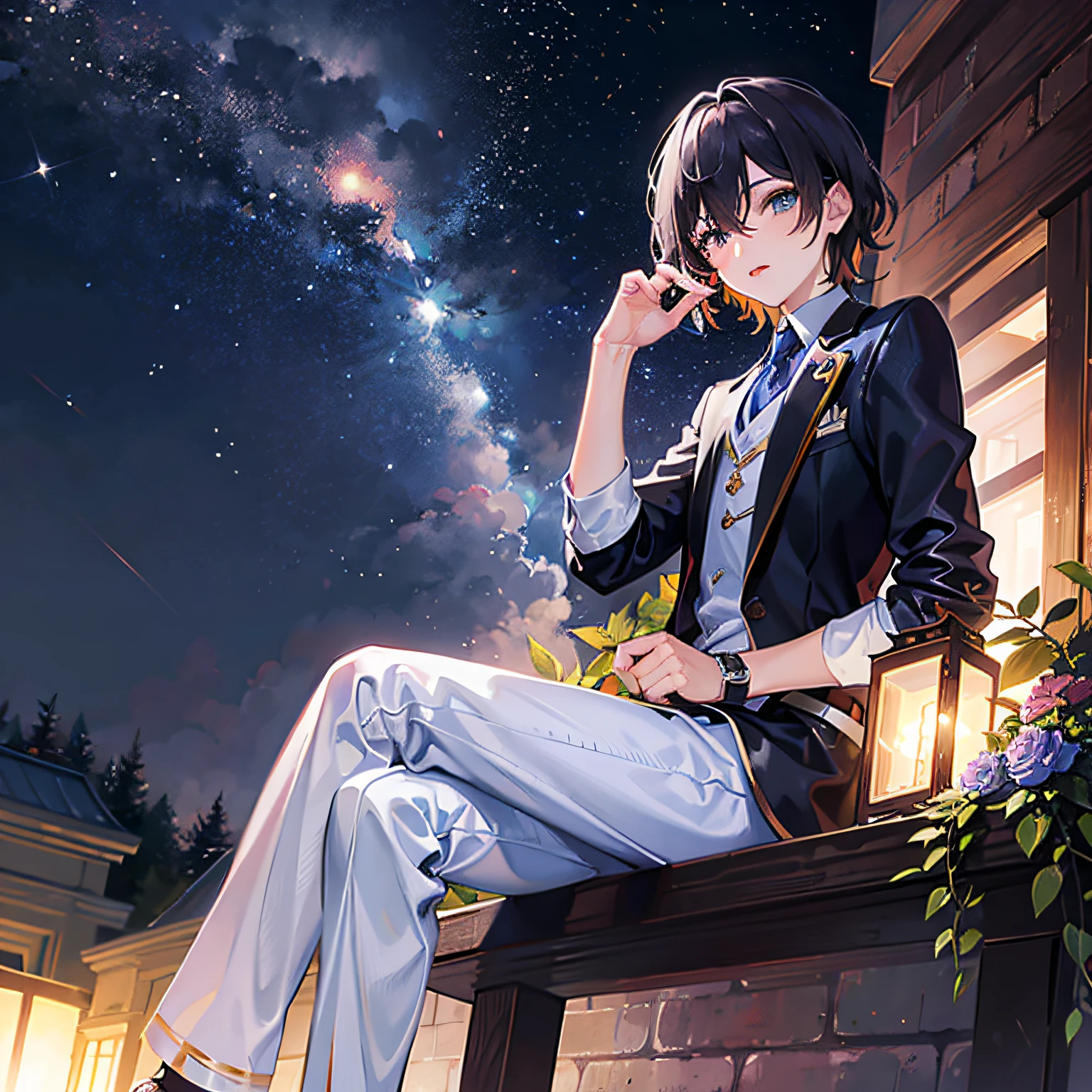 tmasterpiece,A high resolution,best qualtiy,1boy,Sit on the roof and gaze at the stars --auto