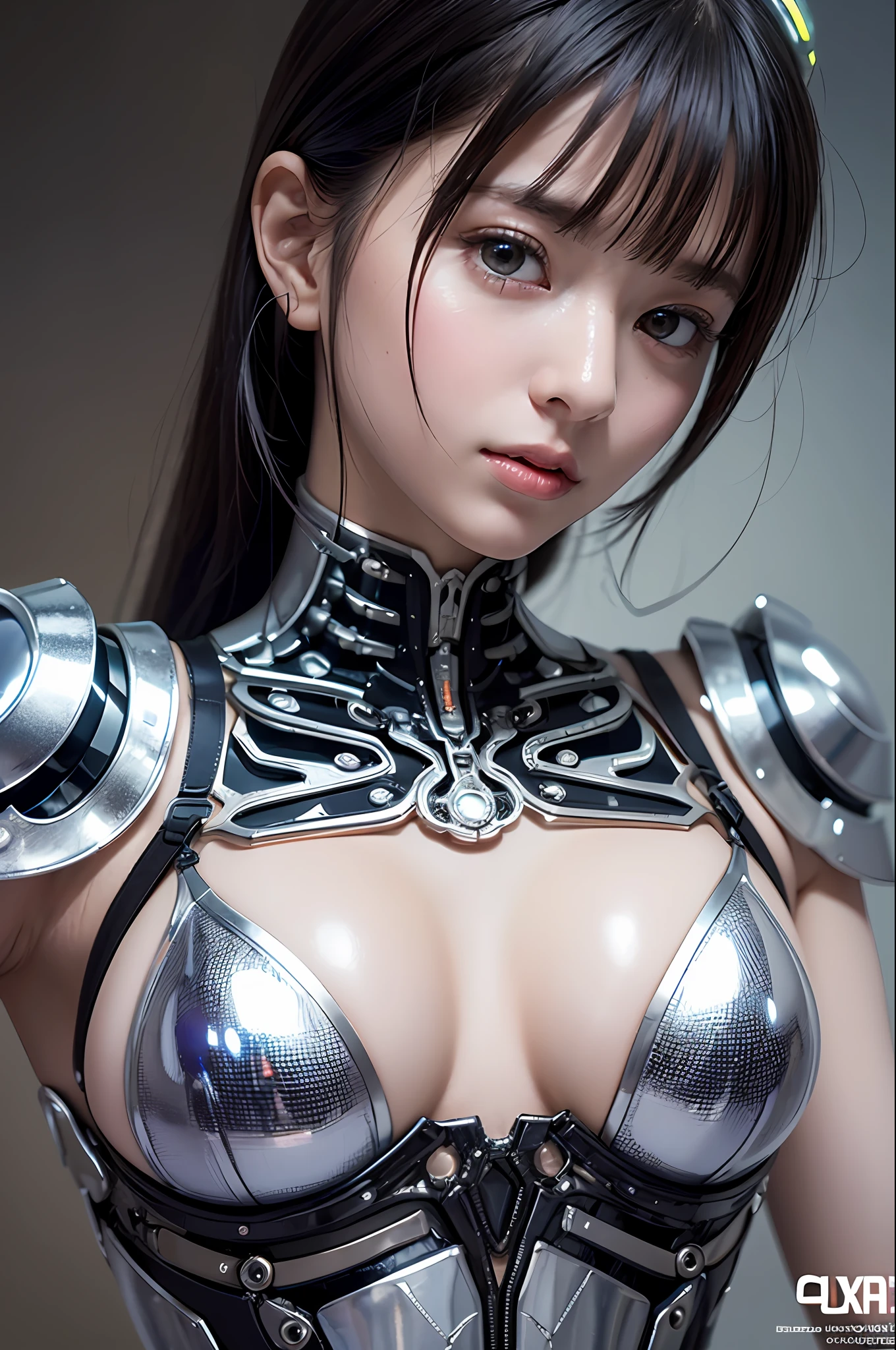 top-quality、​masterpiece、超A high resolution、(Photorealsitic:1.4)、Raw photo、Mechanical Angel、large wings made of metal、White Latex Body、女の子1人、Black hair、glowy skin、1 Mechanical Girl、((super realistic details))、portlate、globalillumination、Shadow、octan render、8K、ultrasharp、character edge light,Colossal tits、Raw skin is exposed in cleavage、Details of complex ornaments、Hydraulic cylinder、highly intricate detail、Realistic light、a purple eye、radiant eyes、Facing the camera、neon details、Mechanical limbs、blood vessels connected to tubes、Mechanical vertebrae attached to the back、mechanical cervical attaching to neck、cowboy  shot、Futuristic headgear、Sumerian details、Small LED lamp、