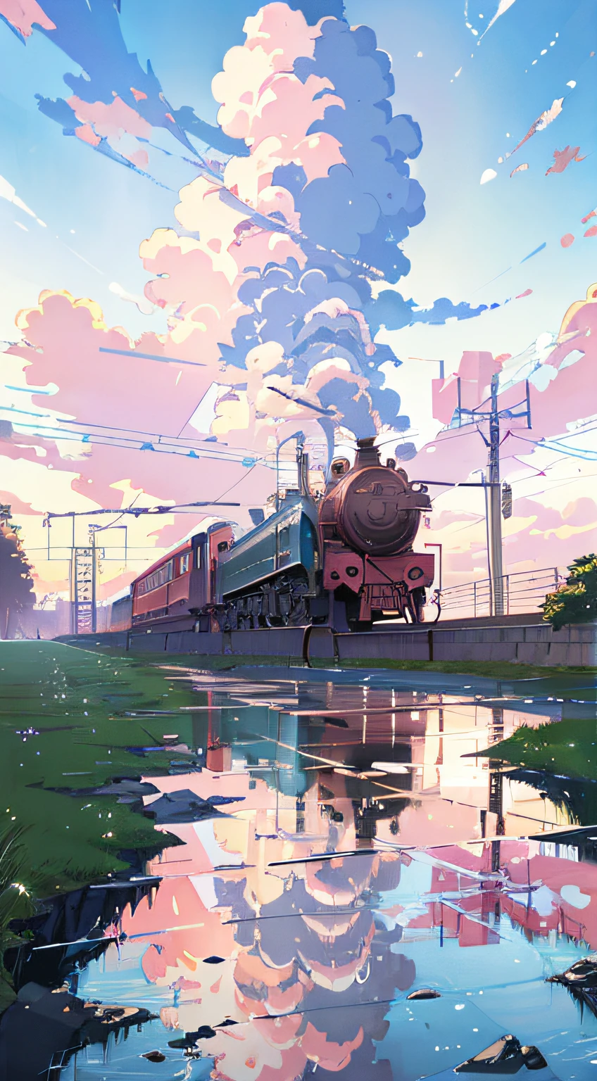 Masterpiece, anime train on tracks through a body of water, pink train. Romantic Train, Makoto Shinkai&#39;s picture, pixiv, concept art, lofi art style, reflection. by makoto shinkai, lofi art, beautiful anime scenes, anime scenery, detailed scenery—width 672, in style of makoto shinkai, style of makoto shinkai, details enhanced.