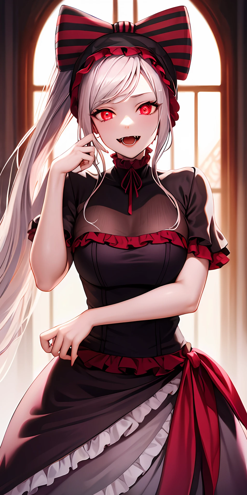 masterpiece, best quality, ShalltearV4, 1girl, solo, dress, frills, bow, hair bow, fangs, pale skin, glowing, glowing eyes, portrait, vampire