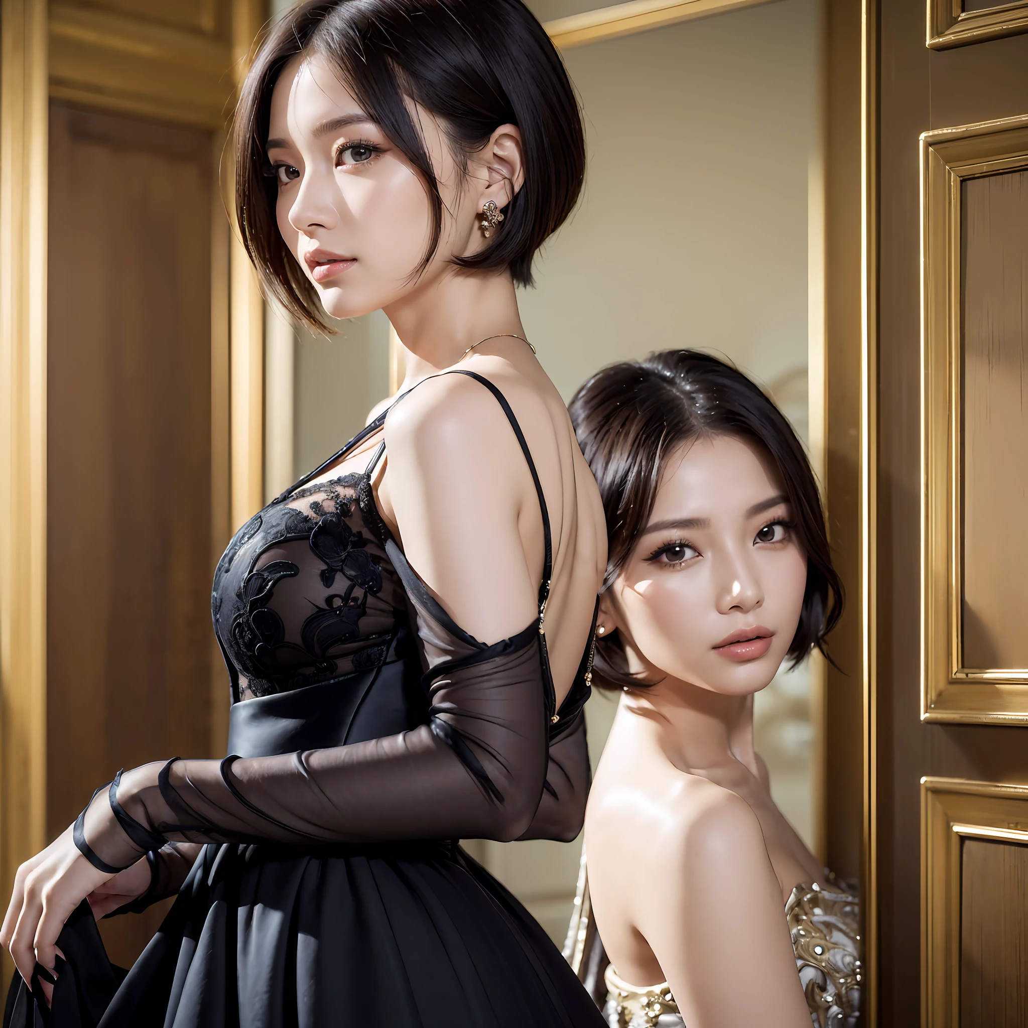 (((((a 20 yo woman, Luxurious dresses, cowboy shot, from side, black very short hair, ))))), ((((masterpiece, best quality, highly detailed, absurdres, RAW photo, 超A high resolution)))), Highly detailed facial and skin texture, A detailed eye, Crisp focus, an asian young and beautiful girl, de pele branca, Real human skin, oval-face, pores, A person who sees with calm and goddess-like eyes, lipgloss, eye lashes, Gloss Face, Wide range of lighting, Natural shading, small waist, slender body, slight smile, Clear facial features, beautiful countenance, double eyelids, sagging eyes, Large rooms in luxury hotels