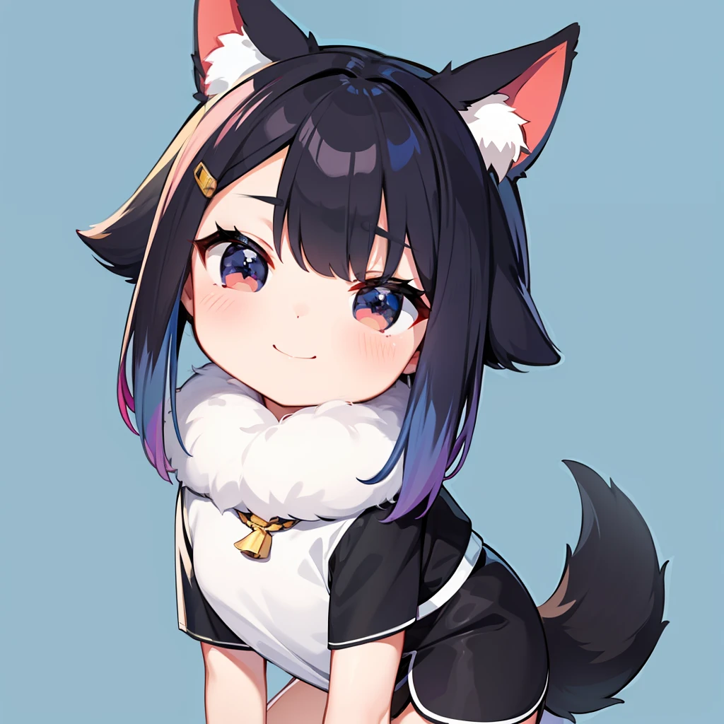 超A high resolution, nffsw, Best aesthetic, Best Quality, masutepiece, Flat Avatar, Perfect litthing、(colourfull、vivd colour: 1.4)、a Dog、Painting, Has iridescent hair,　is shy, A smile, hair adornments, Chibi, simple background, 耳环, jewely, side locks, large oval eyes,Flat Avatar,  simple background, A dark-haired,