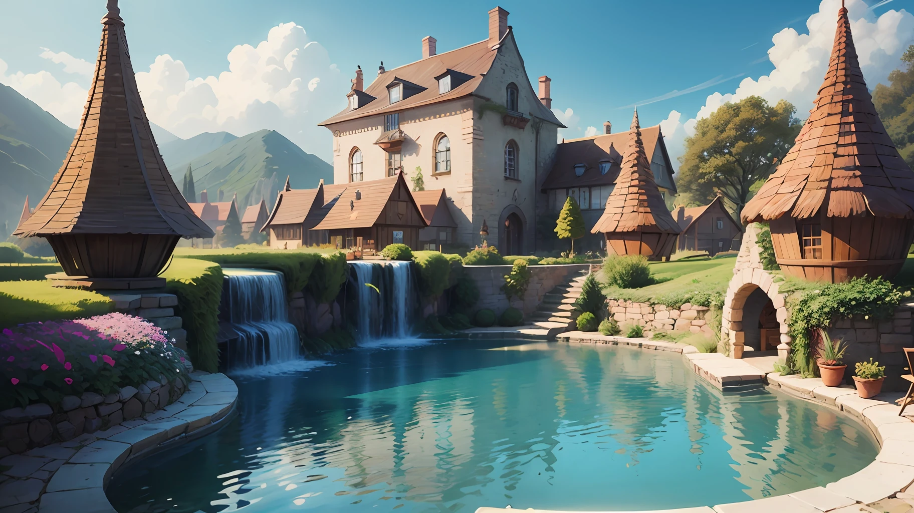 fairy village with pool in center, colorfully flowers, masterpiece, best quality, toon, simple design, Pixar style, oversaturated, hyper realistic, artgerm, --auto