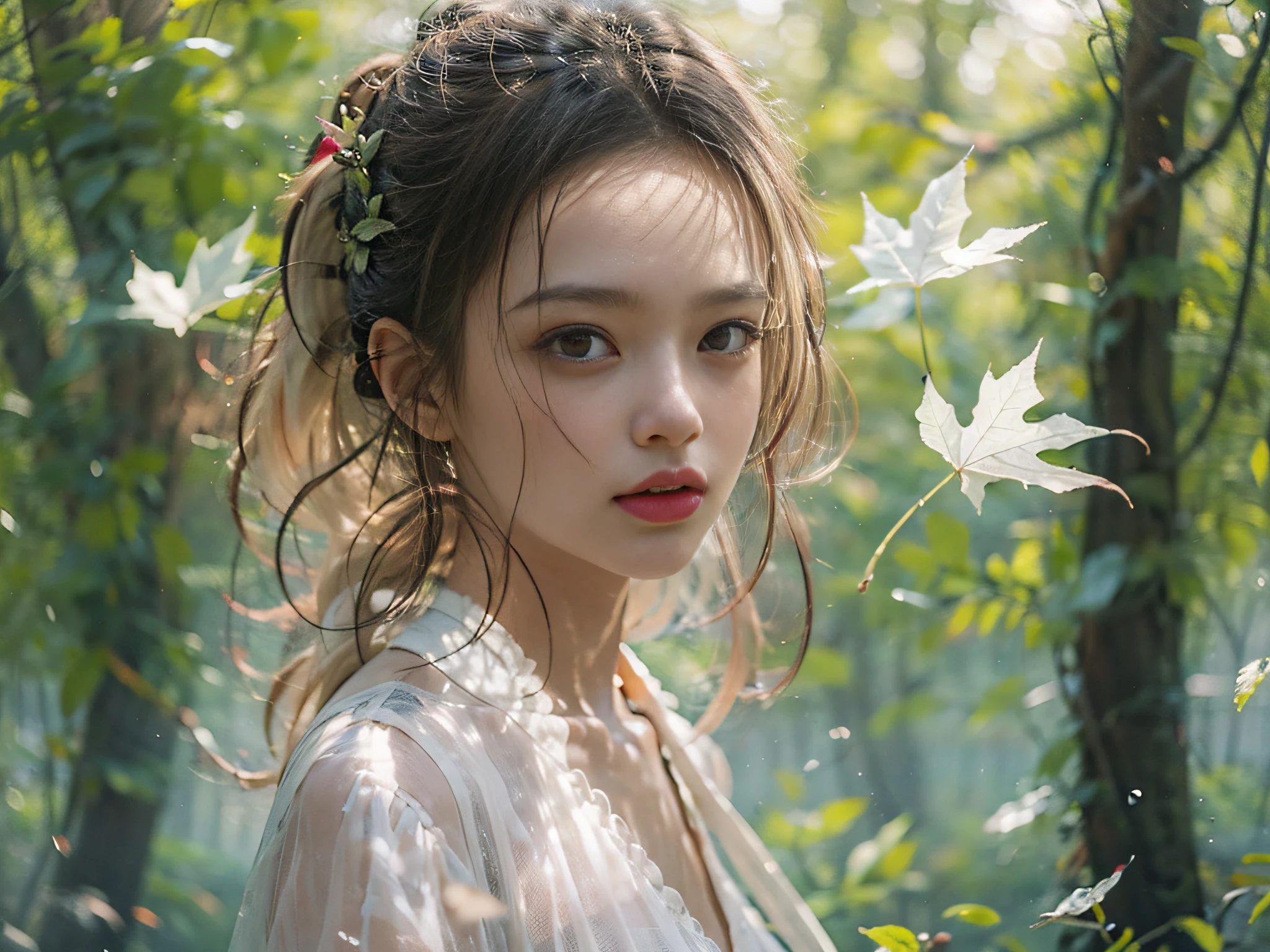 one-girl，white dresses，short  skirt，high-heels，Exquisite facial features，
exteriors，the woods，
in the afternoon，after rainny，Dingdall effect，
fully body photo，Faraway view，
The wind blows through the maple leaves，dust kicked up,
tmasterpiece, hyper HD, Best picture quality, A high resolution,16k, hyper-high detail，
photorealestic，