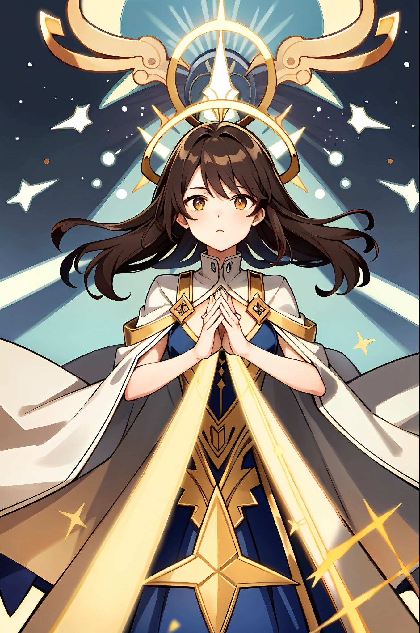 tarot,Hands together,Brown hair,Golden eyes,Vulcan salute,Attention, Halo behind the head,Finely_Detailed, Perfect_Body, Perfect_Eyes, Perfect_face, Perfect_Fingers,