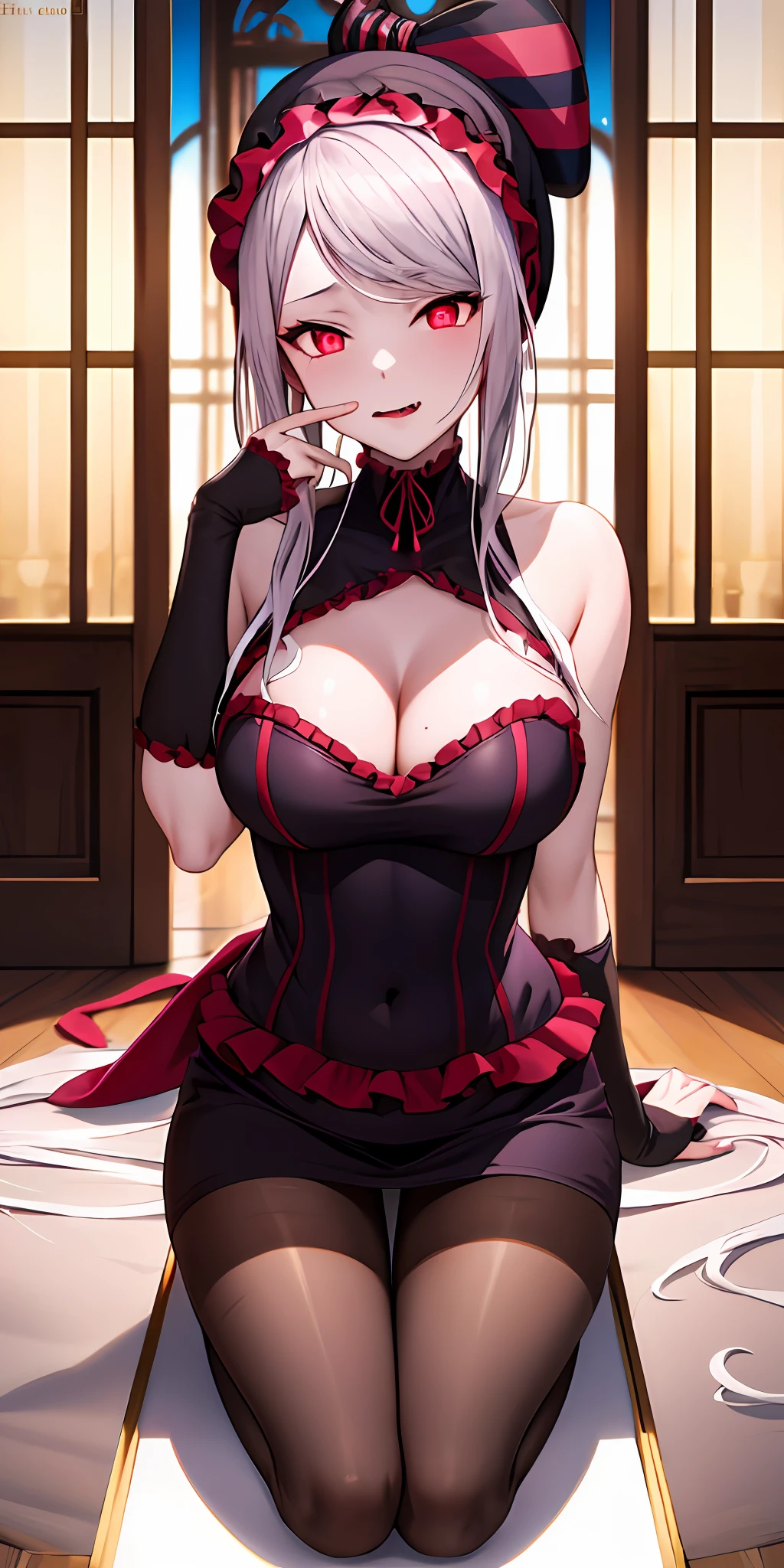 tmasterpiece，Best quality，ShaltearV4，1girl，独奏，shift dresses，frilld，Bow knot，Hair bow，fang，paleskin，with light glowing，glowing light eyes，sportrait，Vampires，full bodyesbian，blackstockings