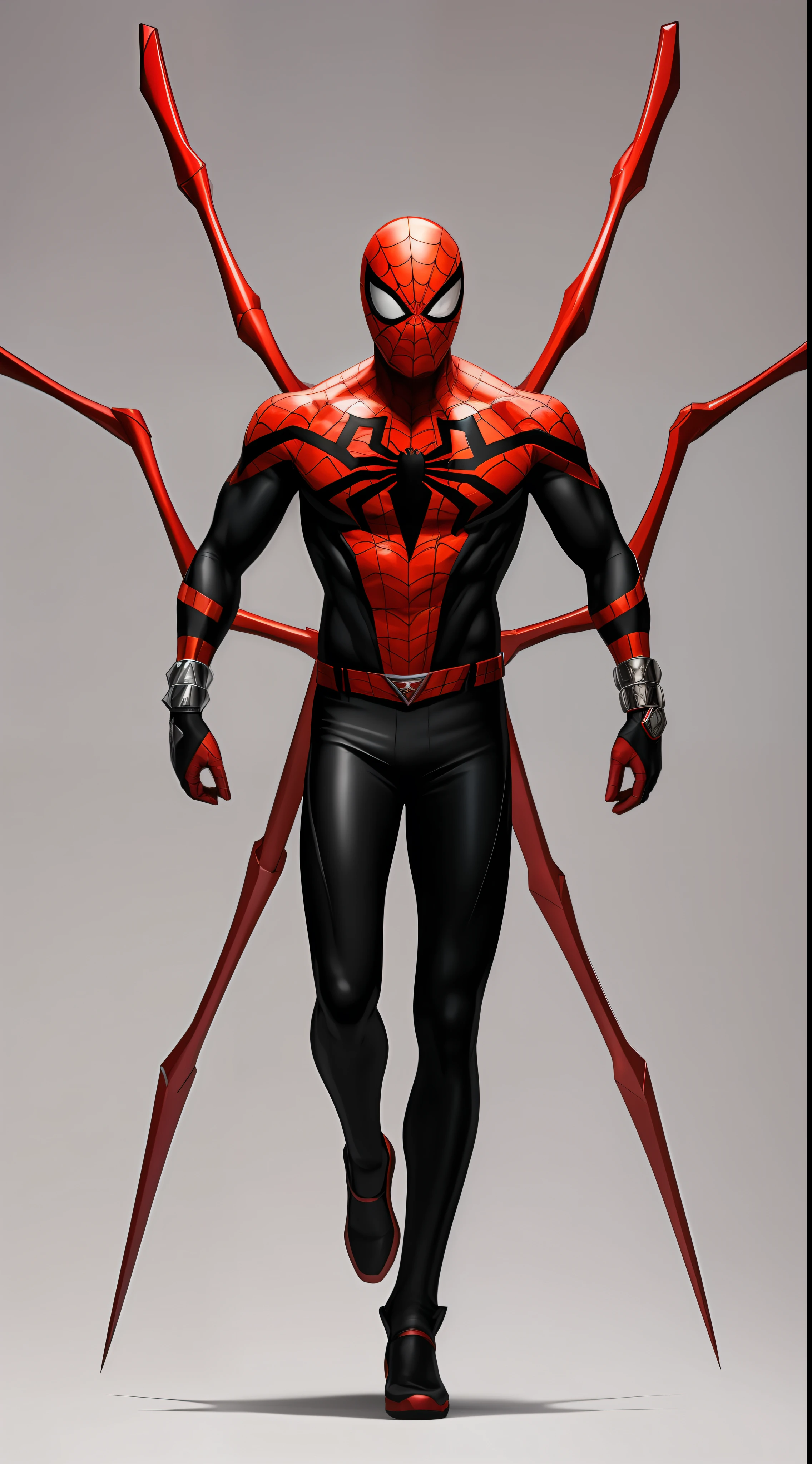 (((full body of male supspr))), (((four red metal legs))), (((silver bracelets))), (((sharp fingers))), a spider - man in a red and black suit, (((chasing))), 8k, unreal engine, octane render, by seunghee lee, Jang Tae-Hwan, Chocofing R, seungho lee, trending on pixiv, fanbox, skeb, masterpiece, smooth soft skin, big dreamy eyes, beautiful intricate colored hair, symmetrical, anime wide eyes, soft lighting, concept art, digital painting,NFT