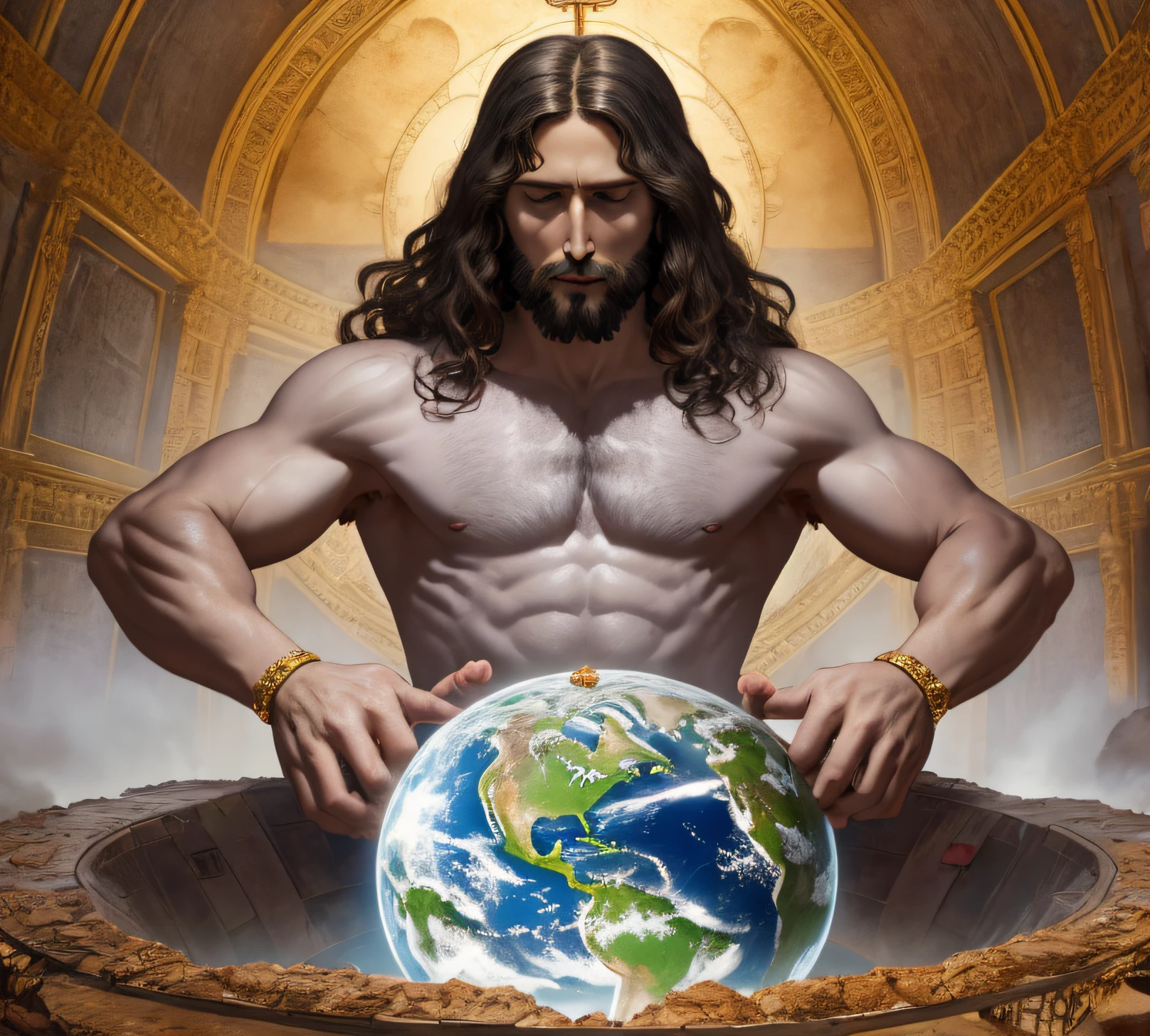 "Realistic 8k masterpiece with perfect anatomy: Jesus Christ holding planet Earth in one hand, with an undeformed face."