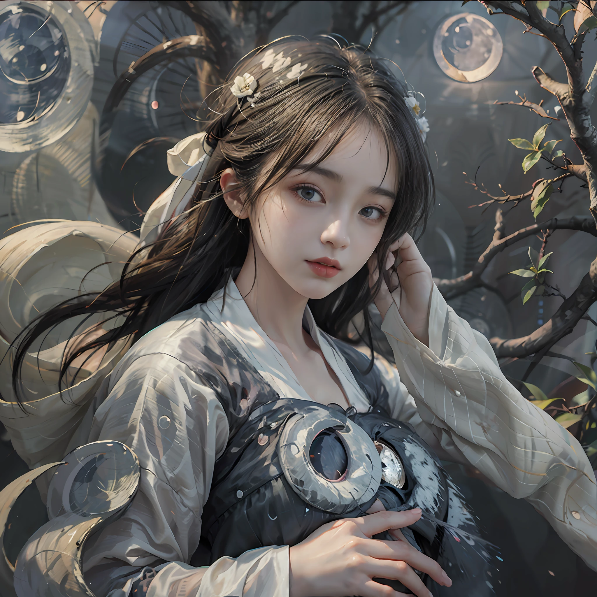 a 20-year-old woman, a girl Chinese fairy, gloom face, beautiful Chinese fairy tale face, beautiful face without flaws, slender body, fair skin, thin and beautiful lips, soft smile, keep your mouth shut again, (The scene of the moonlight is magical:1.8), the full moon shines, moonlight, the moon, (luxury house in ancient Chinese style:1.2), Chinese-style bun hair, shiny black hair, flying hair, long hair, blue eyes sad gaze, twinkle eyes, big round eyes and very nice and detailed makeup , holy woman body, breasts round, big and round breasts, a beautiful face in detail and well-proportioned eyes, meticulous makeup, drooping arms, Realistic and vivid images, stars that make up the sky, sexy body, most beautiful eyes, picture perfect eyes, beautiful saint and flowers, jewelry, beautiful face, upper body, hanfu, high resolution, best quality, best photo, 8k quality, 8k ultra, surreal, best real life photo, hdr, high skin detail, Bokeh, Smooth and sharp, 10x pixel increase, fictional art, 8k CGI, realistic, medium shot, (upper body), (white hanfu:1.8), by Mappa, five finger,