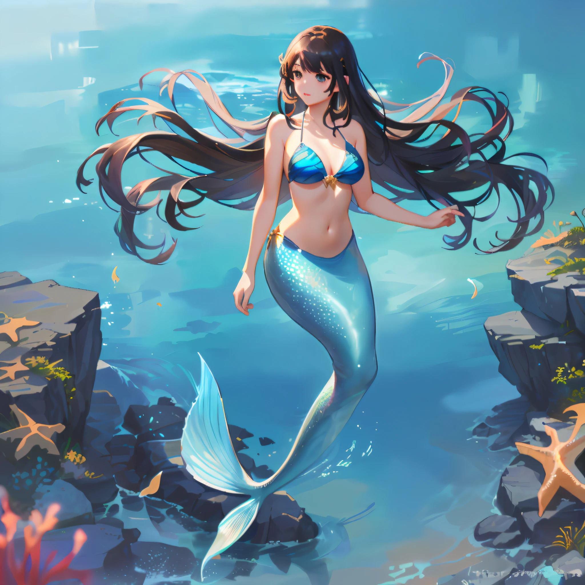 Long haired mermaid in blue bikini standing on a rock near water, beautiful mermaid, by Yang J, mermaid, artgerm and atey ghailan, Style ArtGerm, a beautiful artwork illustration, ArtGerm on ArtStation Pixiv, ! Dream ArtGerm, deviantart artstation cgscosiety, painted in anime painter studio, digital anime art