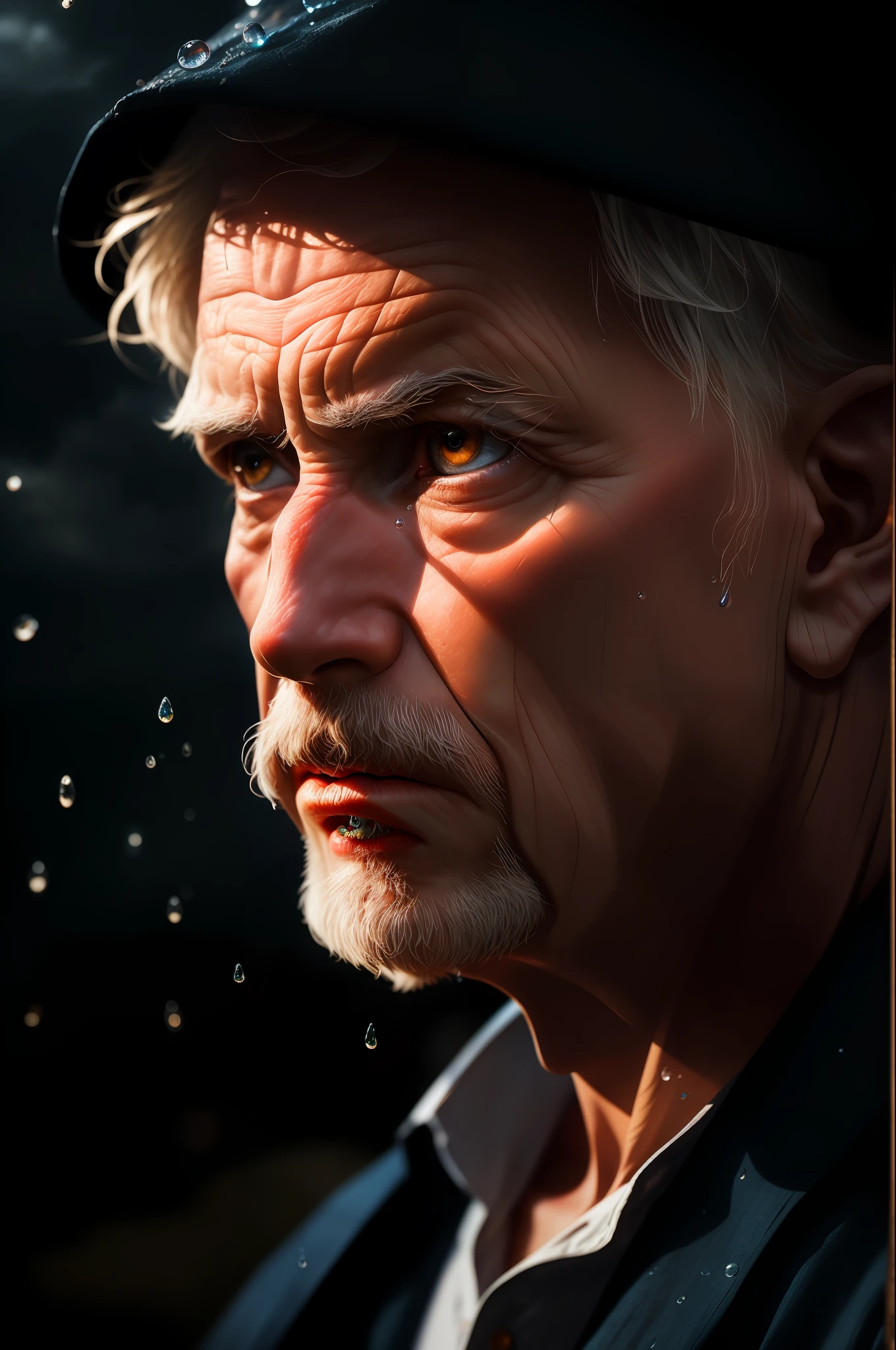 (sharp focus:1.2), an award winning photo of an old man peasant, water droplets, thunderstorm outside, lightning back lighting, , lines on face, wrinkles, extremely detailed skin, sadness, hopelessness ,cloudy eyes, (deep shadows:1.1), high contrast, beautiful eyes, absurdres, 8k, (high quality:1.3), , artstation hd, concept art, detailed face and body, award-winning photography, (moody lighting:1.2), depth of field, bokeh, 4K, HDR