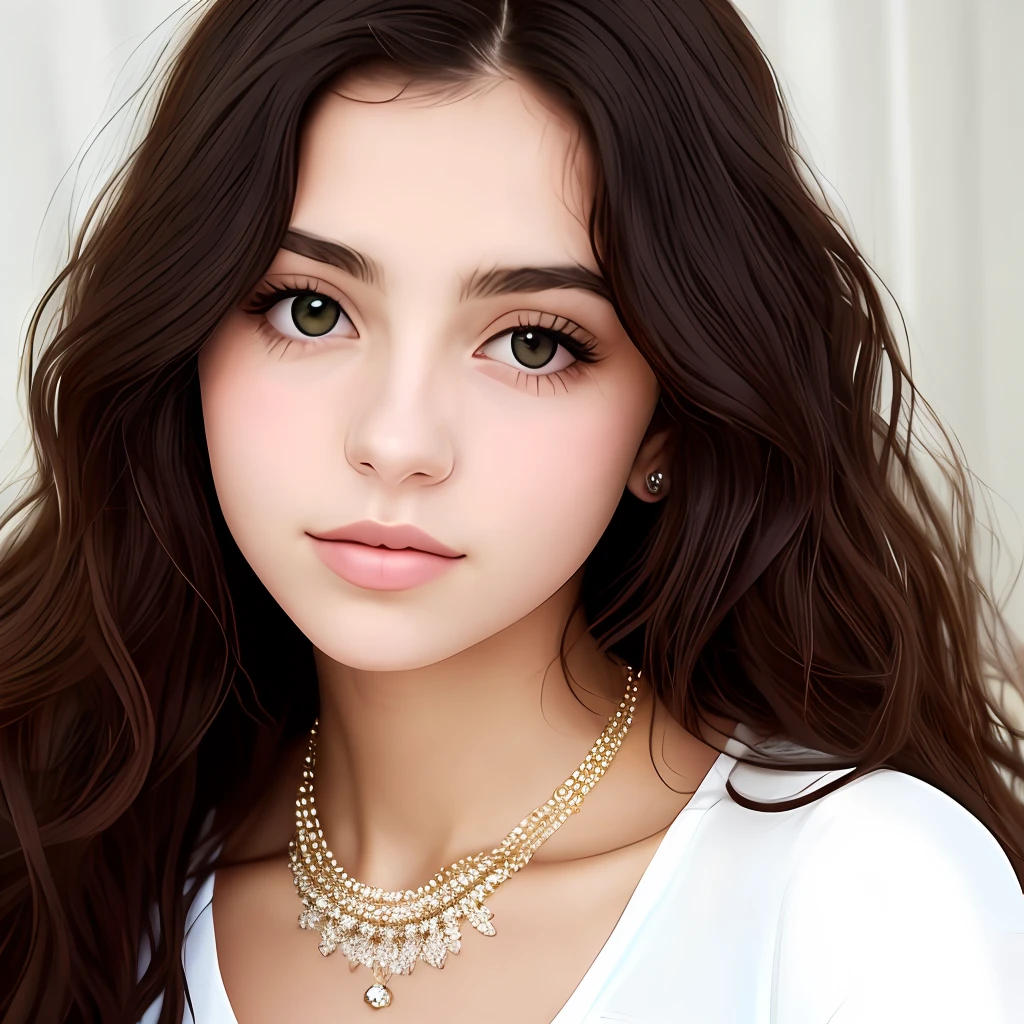there is a woman with a necklace on her neck posing for a picture, cabelos pretos e olhos grandes, Kailee Mandel, Retrato Sophie Mudd, yael shelbia, pale-skinned persian girl, pale skin and dark eyes, menina com cabelo preto, retrato de alta qualidade, infp mulher jovem, belos olhos enormes, menina jovem bonita