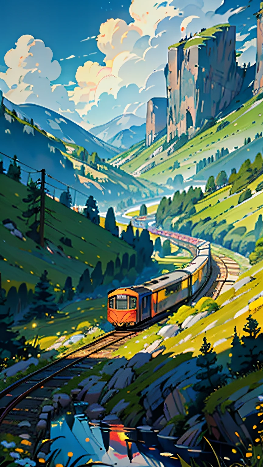 Train in motion, in the mountains, res, lake, cozy city, happiness, retro, full color, multicolor, artful, top detail, super quality, fine details, highlights, neon lights