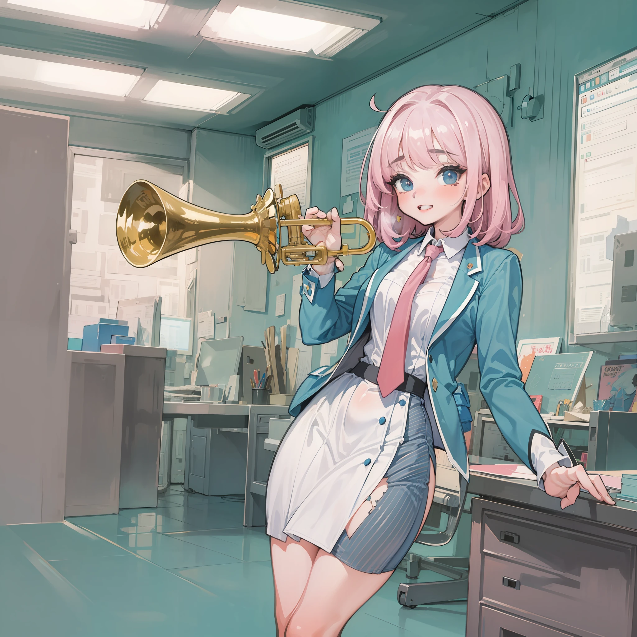 ((masterpiece, best)),(1girl),((mature woman)), light pink hair, dizzy, trumpet, ((office lady)), bangs, mid-chest, (full), slim, smiling, [wide hips] ,office,standing, aru \(blue archive\),