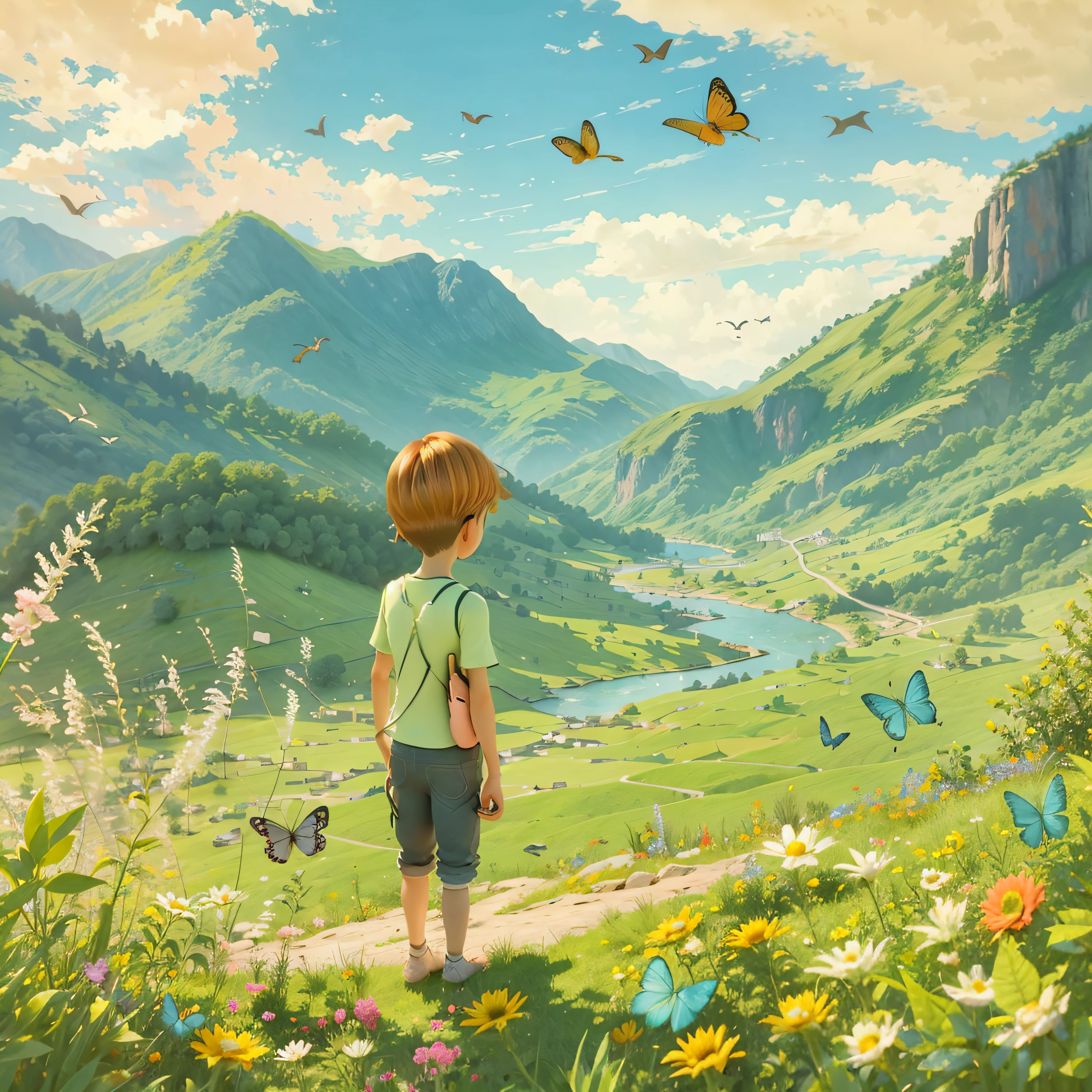 Two children looking at the distant landscape, green mountains, clear blue sky, flocks of birds flying in the sky, butterflies around, small rivers around, grass, flowers on the ground, cartoon style, warm colors