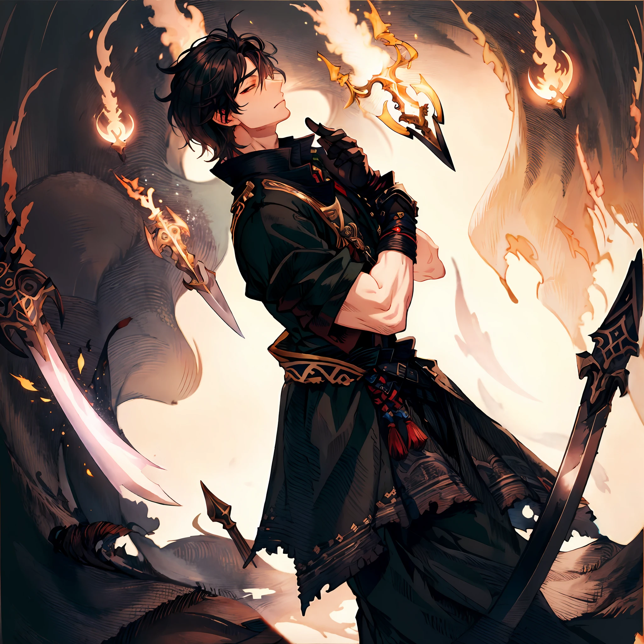 tmasterpiece，best of quality，Behind him is the shadow of God ，Black-haired swordsman，Cloth flowing in the air，themoon，Northern steppe，SFW，WeChat avatar