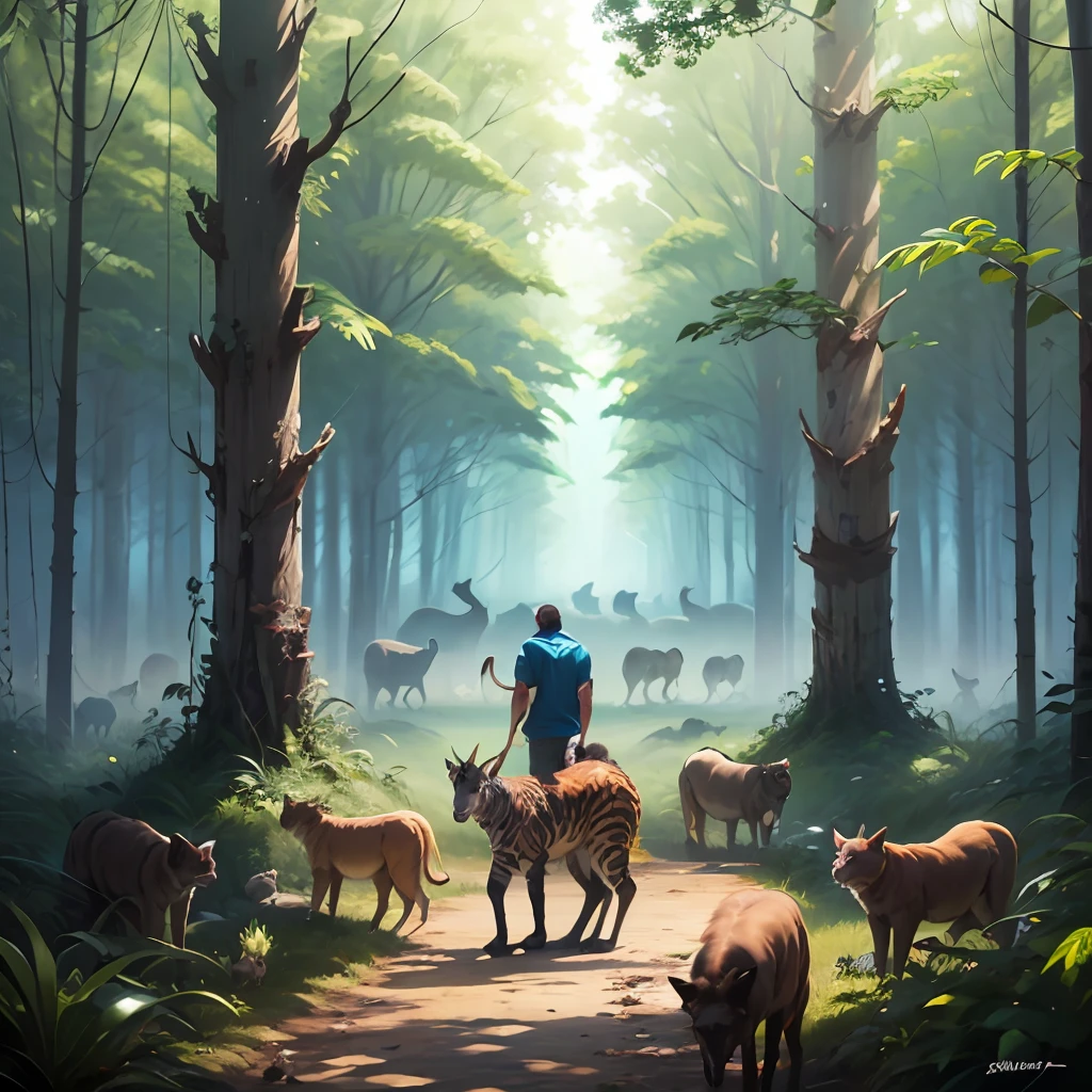 human standing in between lots of wild animals --auto --s2