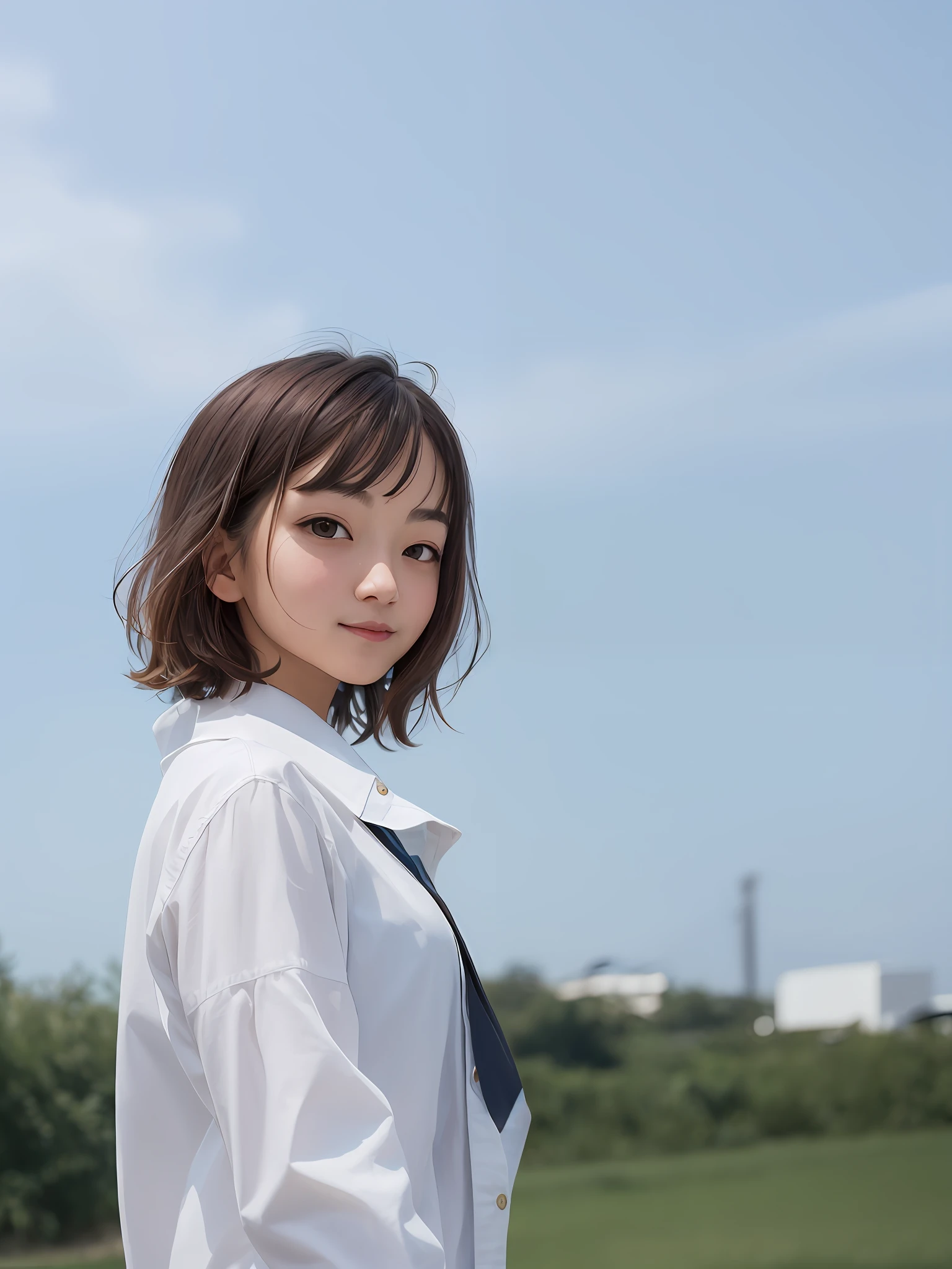 Short haired girl with glasses wearing white shirt Turn her head to look at the camera and smile Face real life CG style