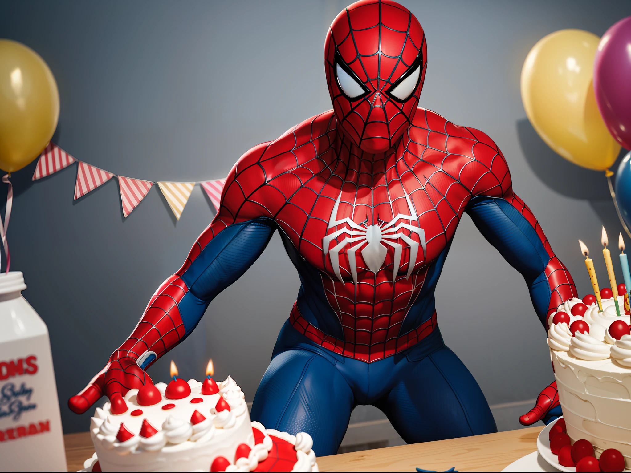 Spider-Man's Birthday Celebration, spideman with a lot of Birthday balloons, peter parker with birthday balloon, birthday cake, birthday presents