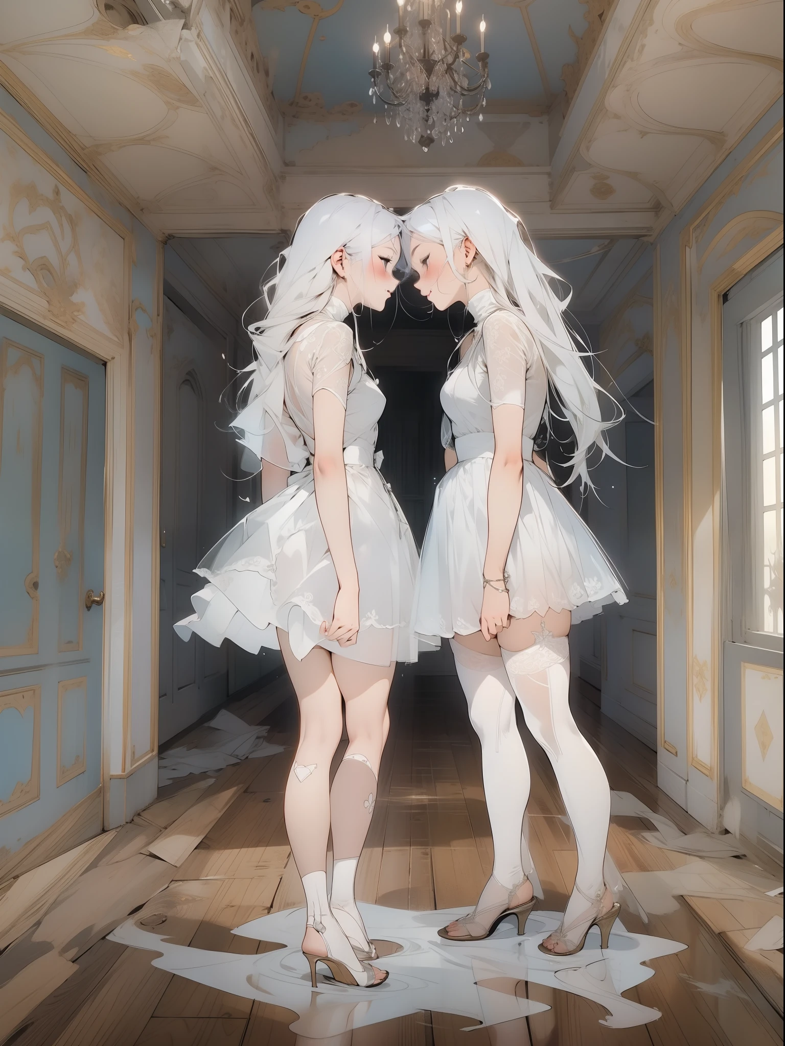 An illustration of two ghostly lesbian girls in a sensual pose and with a micro skirt showing tiny floss, floating in the hall of an abandoned mansion as they kiss, cena sensual, corpos sexy, roupas totalmente brancas e transparente, pele branca e cabelos brancos, quase nua, Tiny floss, seios grandes, decote generoso, bunda grande, tudo transparente, light behind her, ghosty aura, sorriso malicioso, rosto lindo e limpo, corpo perfeito