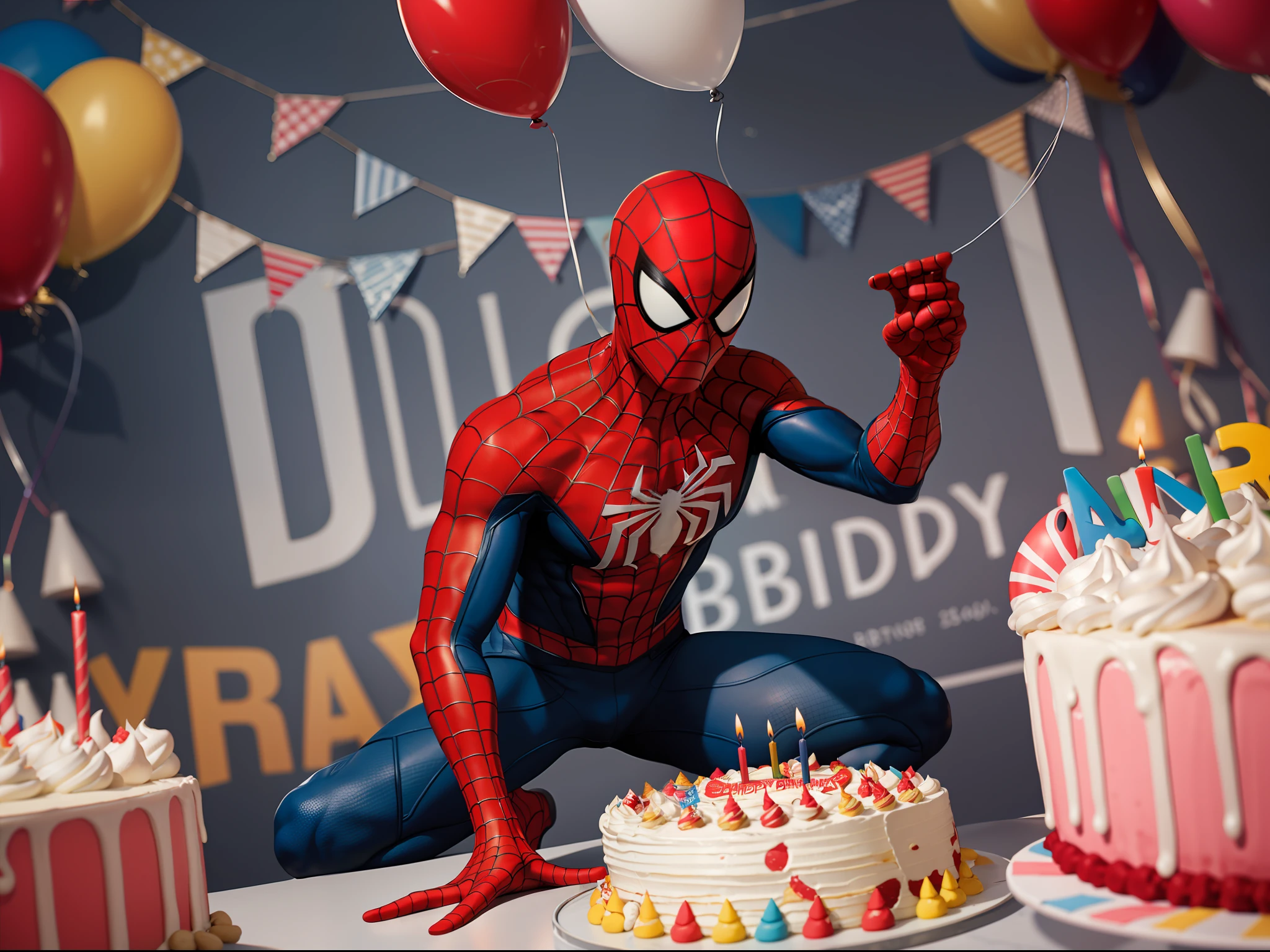 Spider-Man's Birthday Celebration, spideman with a lot of Birthday balloons, peter parker with birthday balloon, birthday cake, birthday presents