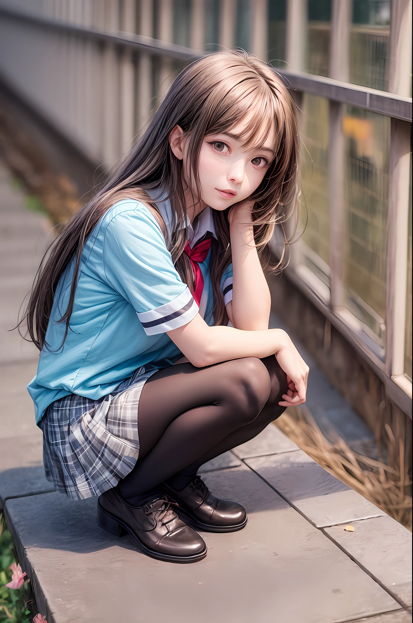 arafed woman in a school uniform sitting on a ledge, a hyperrealistic schoolgirl, anime girl in real life, anime girl cosplay, seductive anime girl, beautiful anime girl squatting, hyperrealistic schoolgirl, beautiful anime high school girl, attractive anime girl, the anime girl is crouching, photorealistic anime, beautiful alluring anime teen