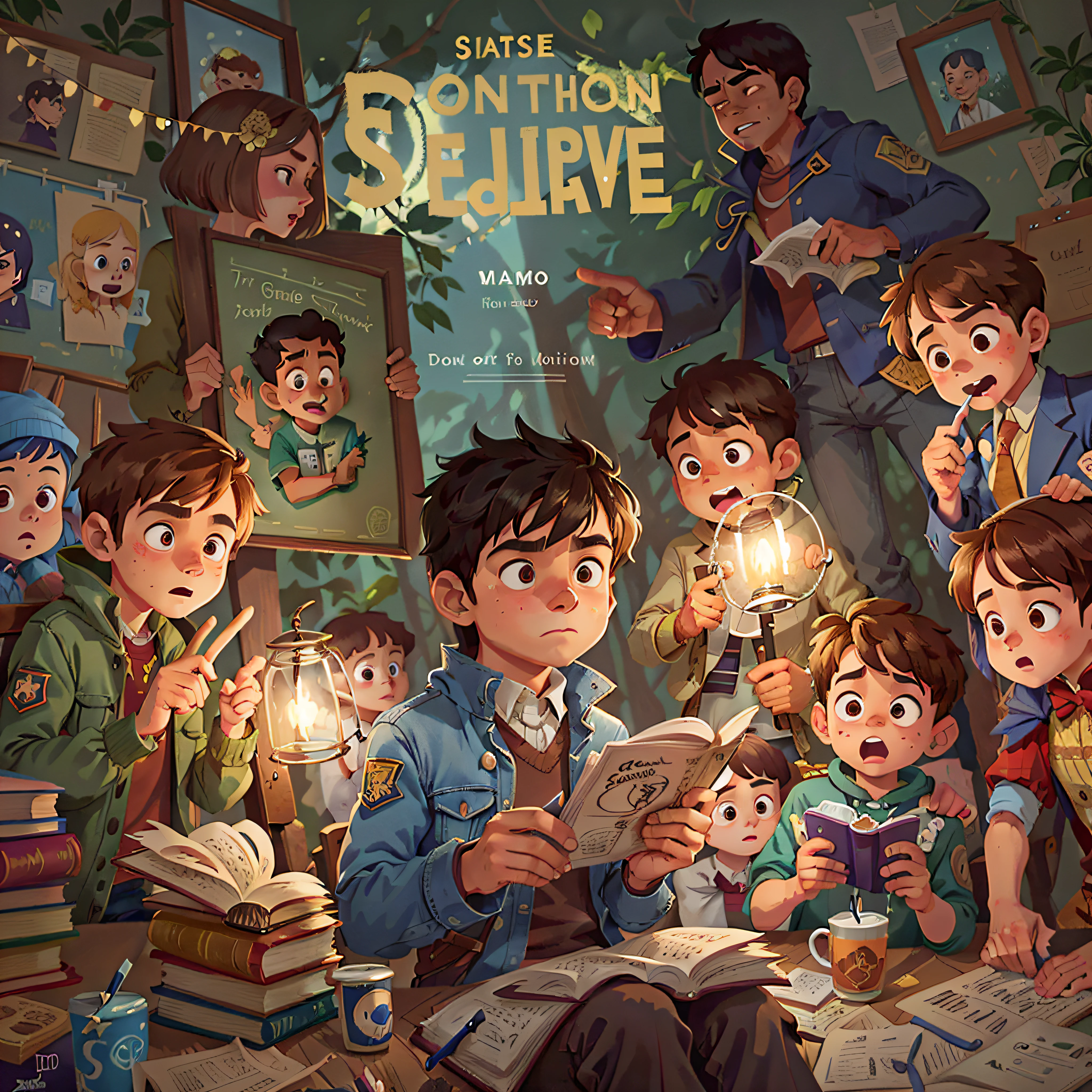 There is a cartoon image of a group of children reading, arte detalhada da capa, Capa BD muito detalhada, Arte Oficial, cover illustration, arte de capa altamente detalhada, No estilo Sachin Teng, JC Leyendecker e Sachin Teng, Sachin Teng, album cape, arte detalhada, detailed book illustration, arte da capa, illustration daily deviation, album cape, title (Arthur, o Detetive), title (Arthur, o Detetive)