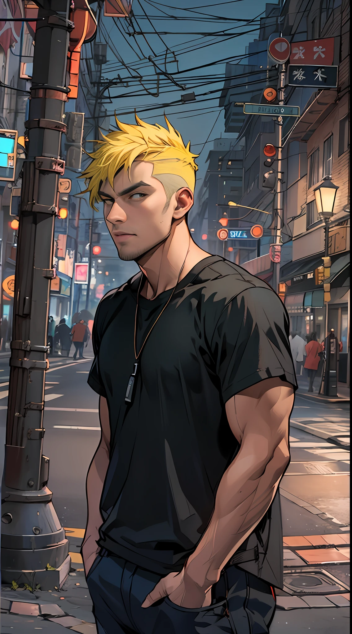 A handsome adult man, Wearing a black T-shirt and short yellow hair, Stand at the crossroads of the street ,32k, best quality, masterpiece, super detail, high details