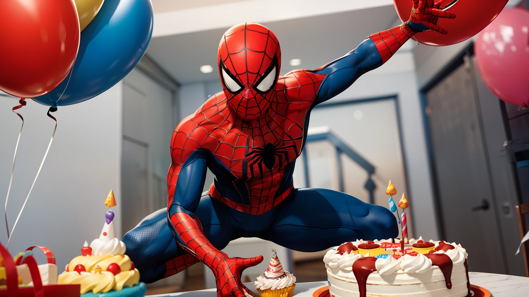 Spider-Man's Birthday Celebration, spideman with a lot of Birthday balloons, peter parker with birthday balloon, birthday cake, birthday presents