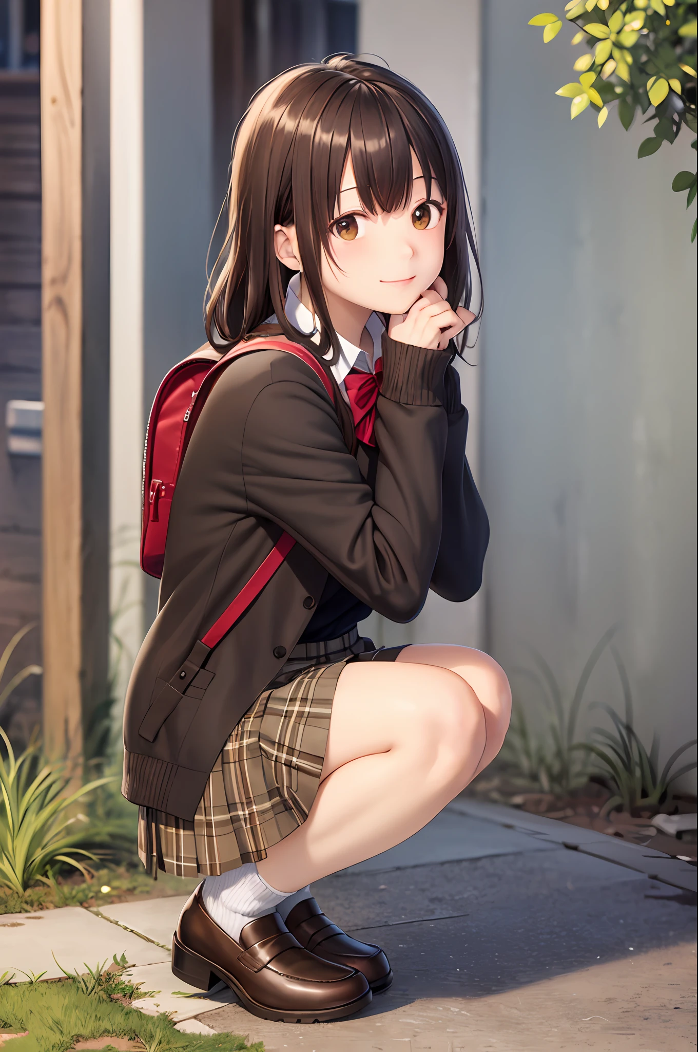 masterpiece, best quality, 1girl, solo, skirt, bag, outdoors, jacket, squatting, socks, shoes, looking at viewer, brown footwear, school uniform, plaid, loafers, blazer, brown hair, plaid skirt, black socks, long sleeves, bangs, open clothes, open jacket, bow, brown eyes, pleated skirt, bowtie, day, long hair, full body, bush, red bow, kneehighs, shirt, closed mouth, sleeves past wrists, backpack, hand on own face, red bowtie, black jacket, school bag, blush, plant, brown skirt, hand on own cheek, blurry, from side, hand up, looking to the side, collared shirt, miniskirt, white shirt, cardigan, grass, sweater, light smile