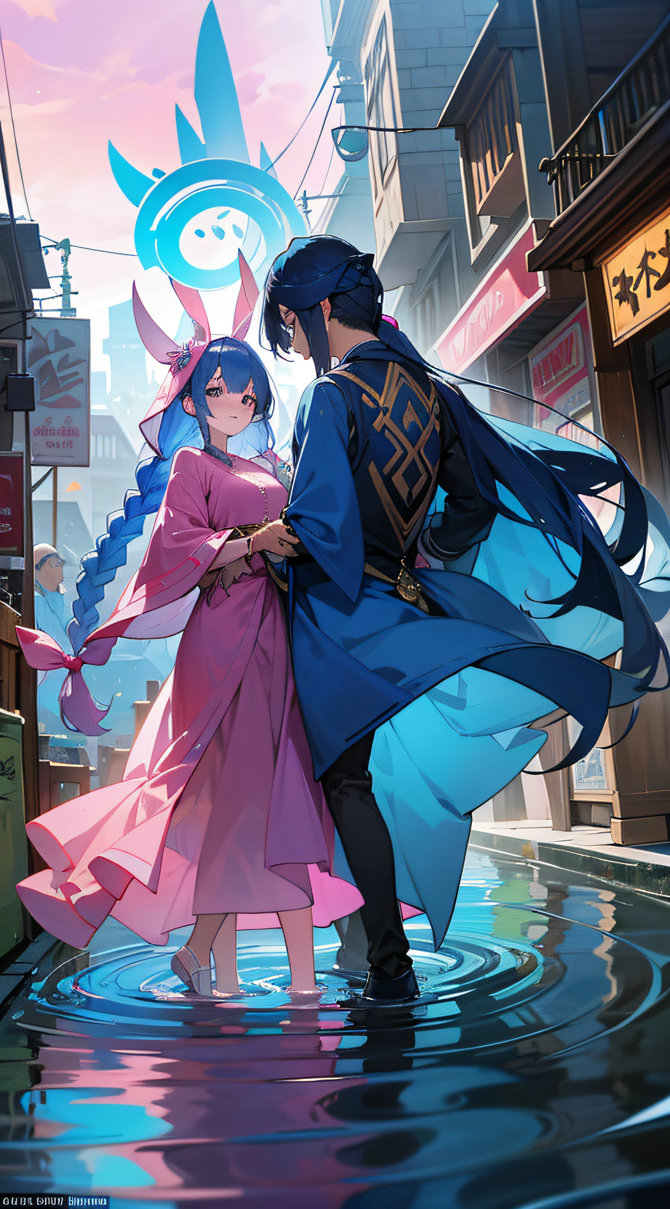 A couple walks through a lively bazaar,The man's blue hair and gorgeous blue robe seemed to have ripples of water,,The woman wears a long pink dress,A pair of rabbit ears,Long hair combed into long scorpion braids