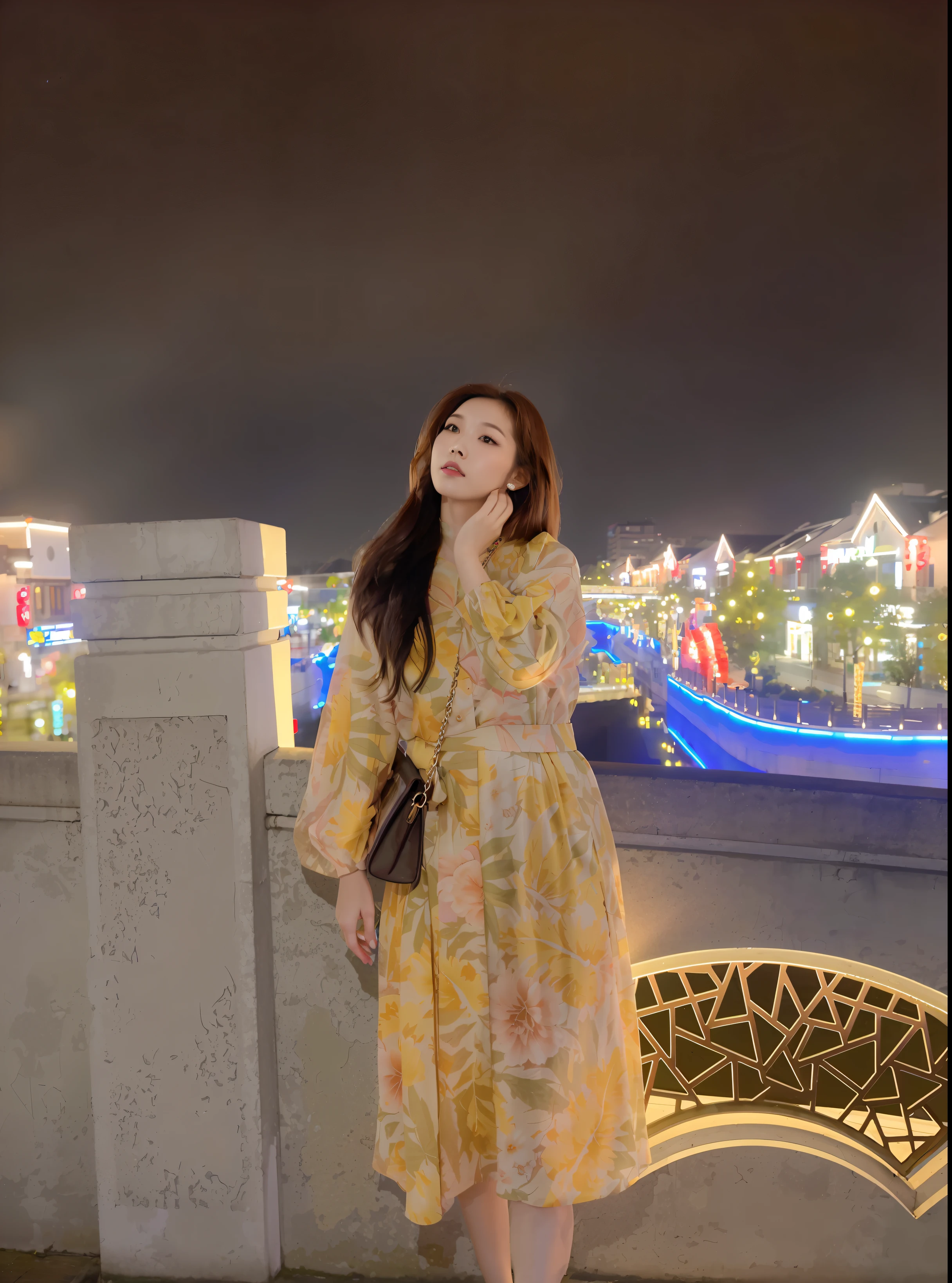 30 year old gorgeous lady on the bridge at night,Wearing a yellow dress,The skirt is covered with a floral pattern,Wearing a cheongsam,tmasterpiece。