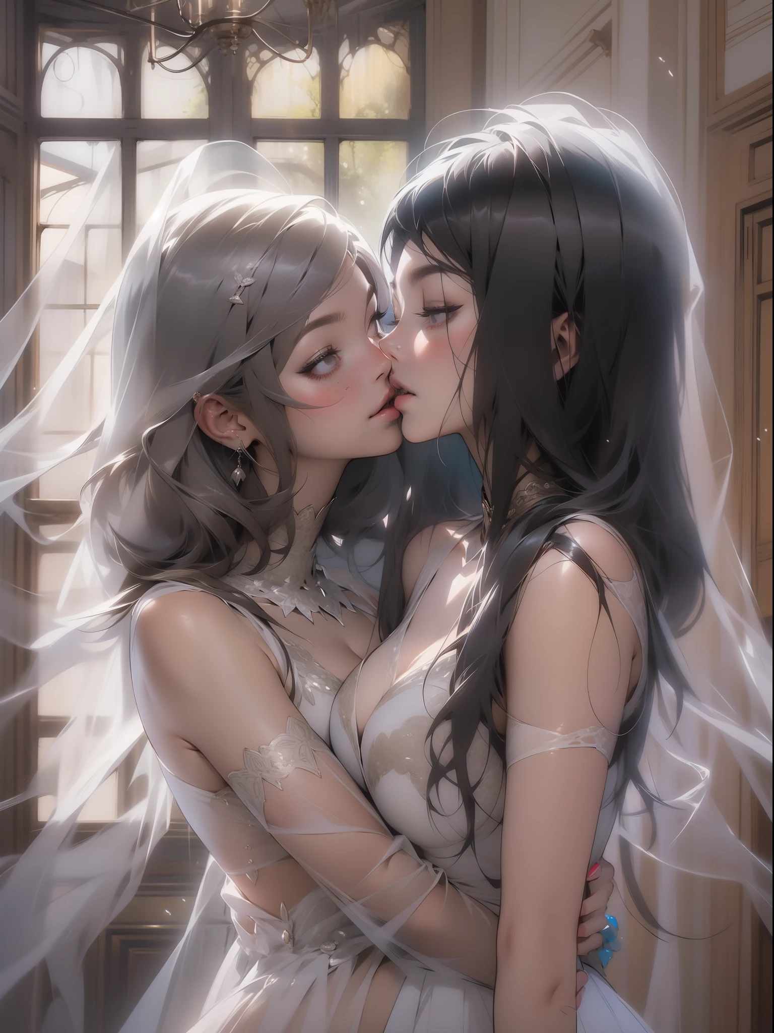 A close-up illustration of two ghostly lesbian girls in a sensual pose and with a micro skirt showing tiny floss, floating in the hall of an abandoned mansion as they kiss, cena sensual, corpos sexy, roupas totalmente brancas e transparente, pele branca e cabelos brancos, quase nua, Tiny floss, seios grandes, decote generoso, bunda grande, tudo transparente, light behind her, ghosty aura, sorriso malicioso, rosto lindo e limpo, corpo perfeito