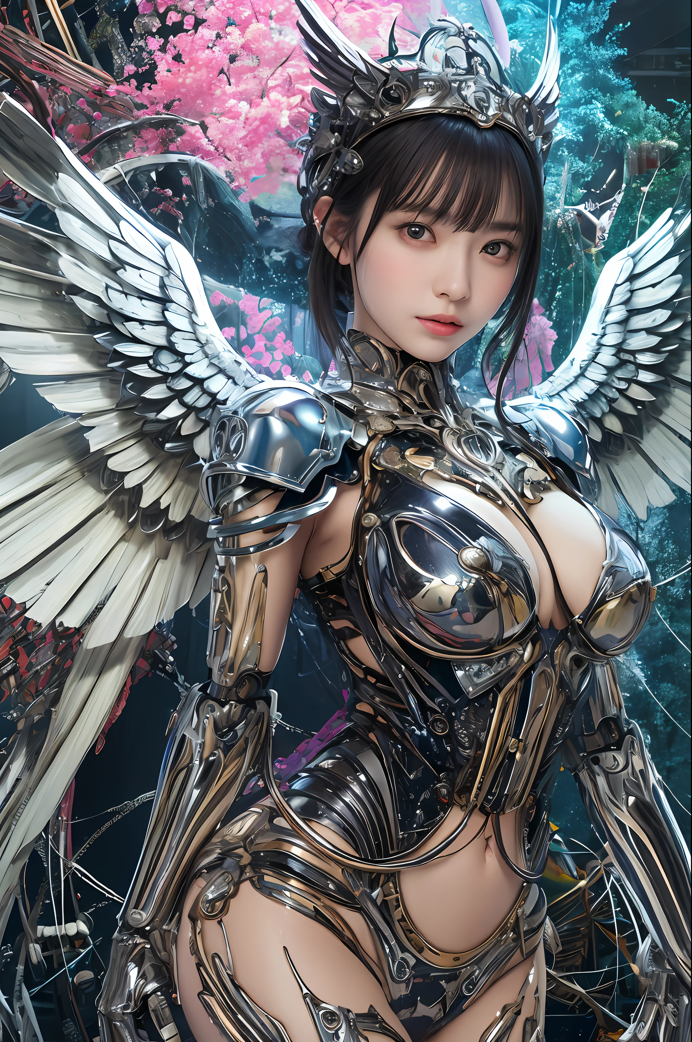 top-quality、​masterpiece、超A high resolution、(Photorealsitic:1.4)、Raw photo、Mechanical Angel、large wings made of metal、White Latex Body、女の子1人、Black hair、glowy skin、1 Mechanical Girl、((super realistic details))、portlate、globalillumination、Shadow、octan render、8K、ultrasharp、character edge light,Colossal tits、Raw skin is exposed in cleavage、Details of complex ornaments、Hydraulic cylinder、highly intricate detail、Realistic light、a purple eye、radiant eyes、Facing the camera、neon details、Mechanical limbs、blood vessels connected to tubes、Mechanical vertebrae attached to the back、mechanical cervical attaching to neck、cowboy  shot、Futuristic headgear、Sumerian details、Small LED lamp、