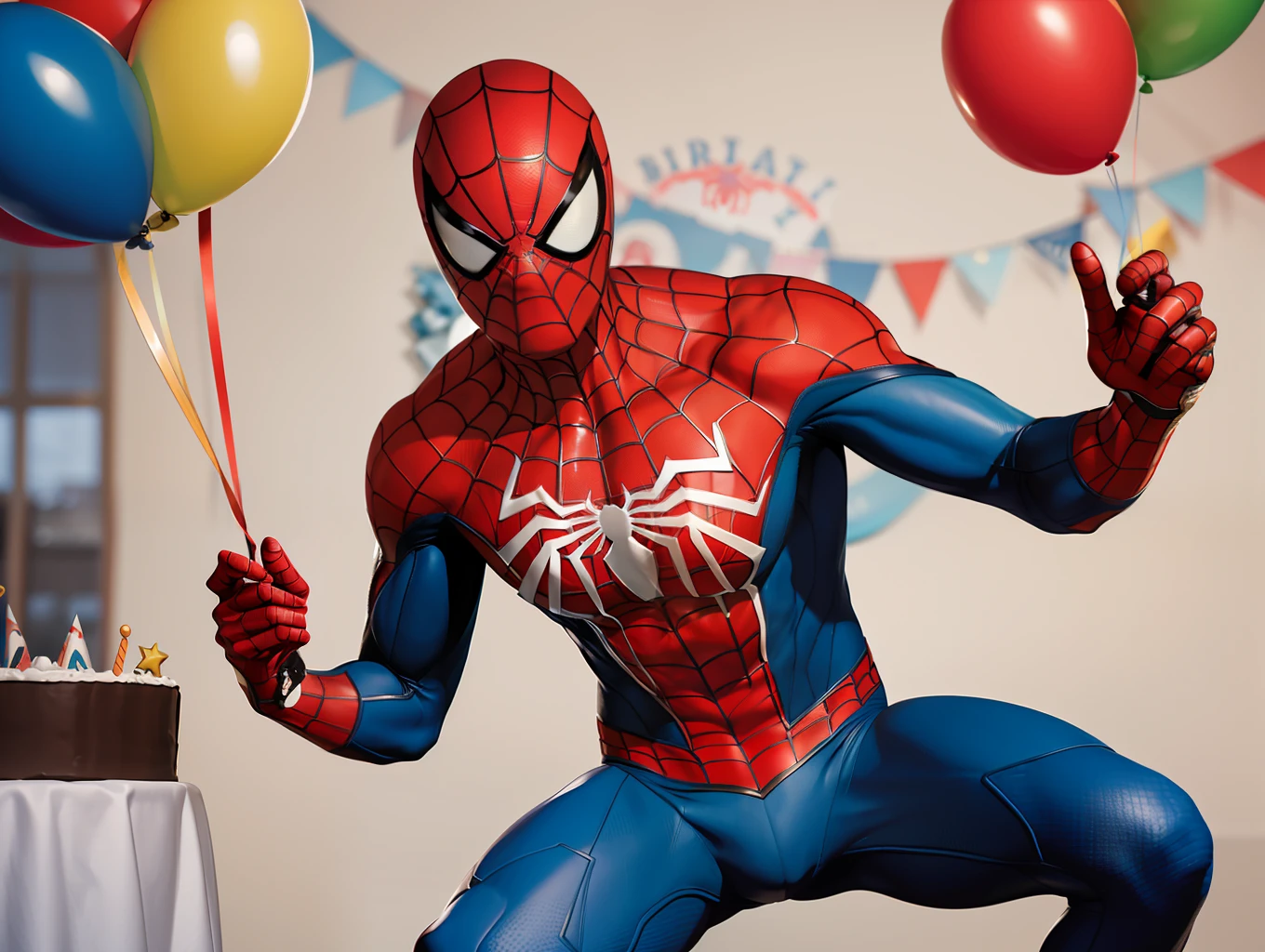 Spider-Man's Birthday Celebration, spideman with a lot of Birthday balloons, peter parker with birthday balloon, birthday cake, birthday presents