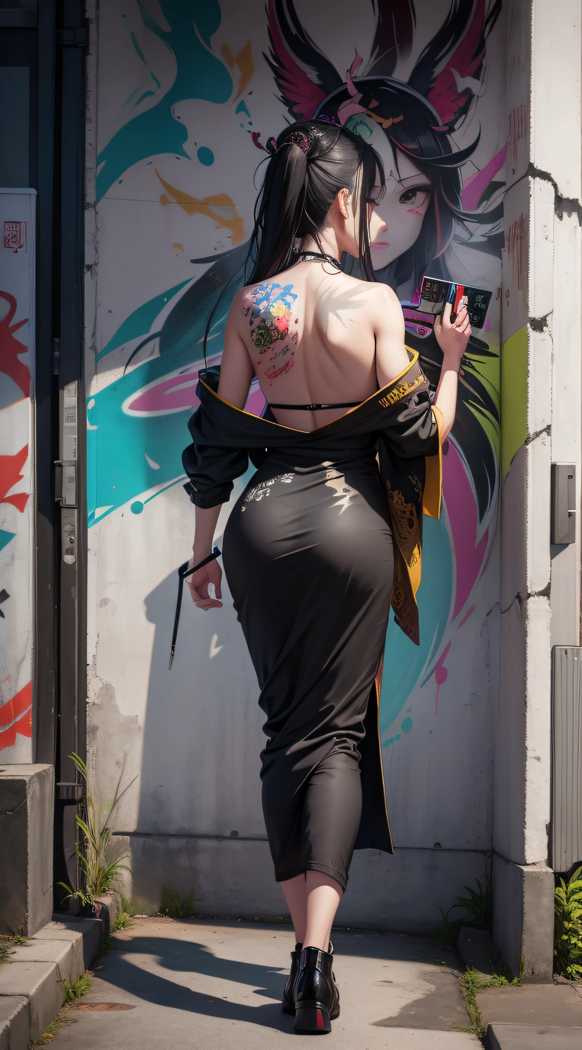 On the exterior wall of the huge square building on the street, Guanyin is painted all over his body，Back alley、Graffiti artist spray painted wall，paint splatter，Super sense of atmosphere：Street graffiti，Strong atmosphere。