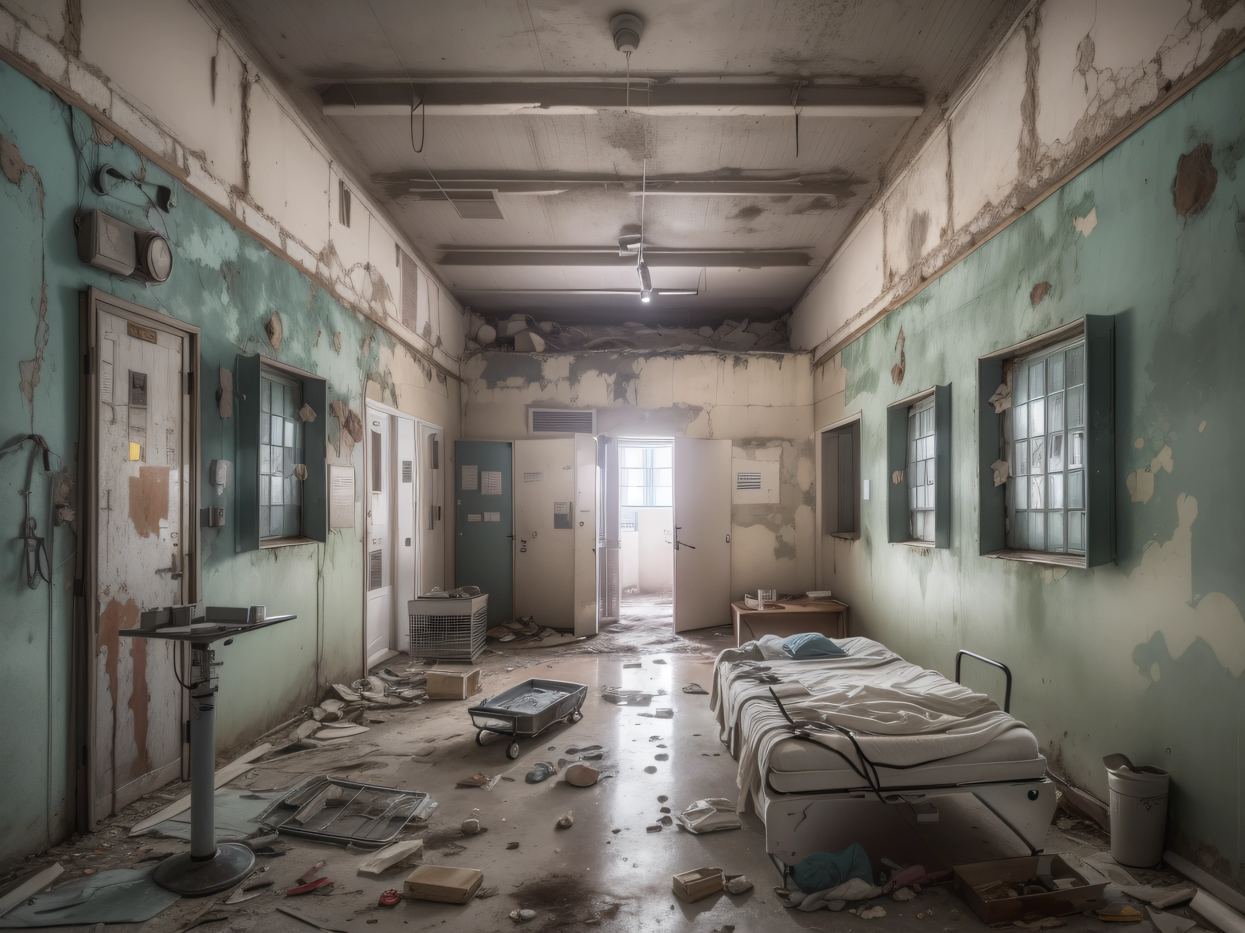 Generate an image of a medical bay inside the abandoned base, with empty cots and outdated medical equipment lining the walls. The scene should be filled with a sense of tragedy and sorrow as visitors imagine the patients who were once treated there.